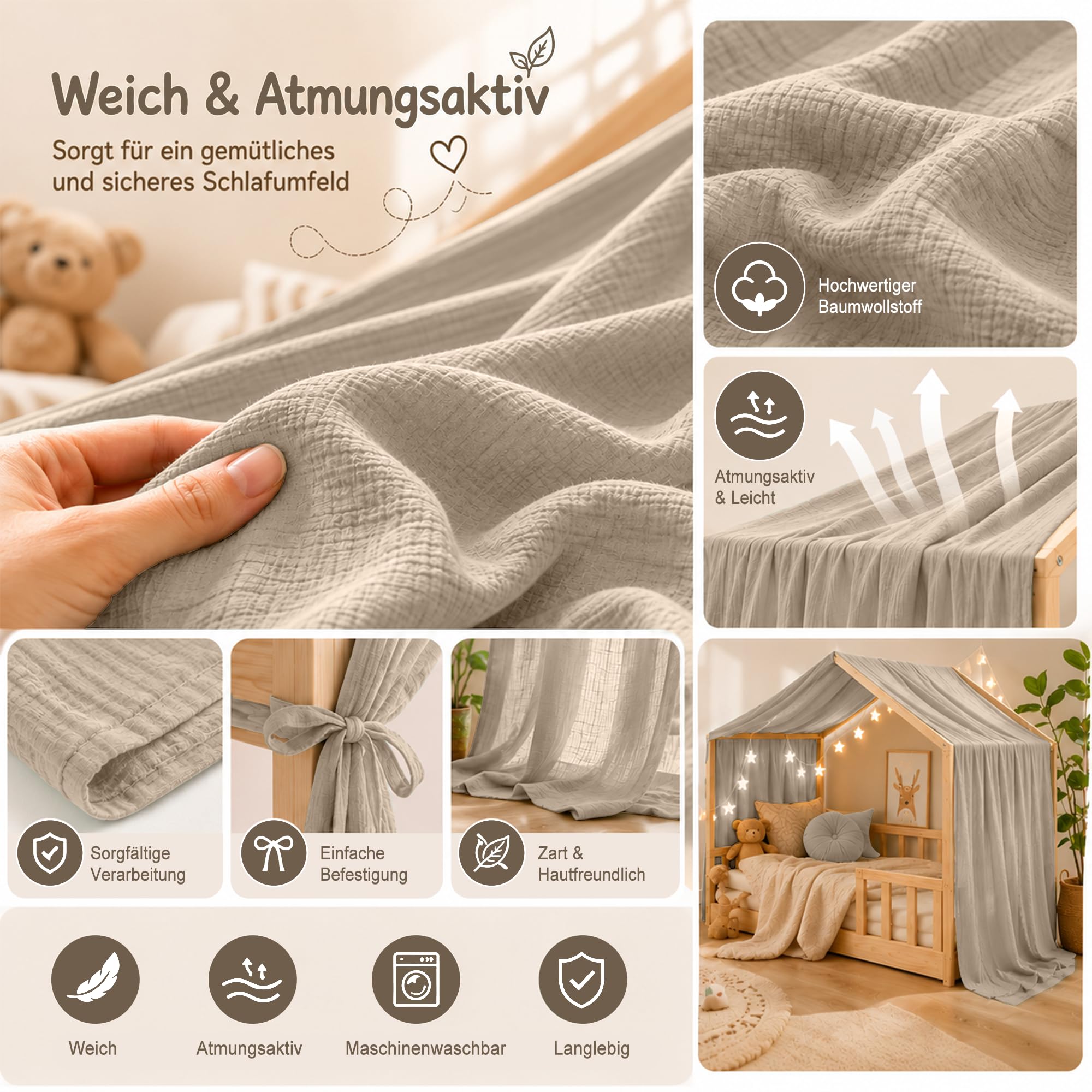 Hook Hausbett Himmel Deko Set, Betthimmel Hausbett aus Musselin - 1 Betthimmel & 1 Wimpelkette, für Jungen Mädchen Deko für Kinderzimmer, Baldachin Kinderzimmer Deko I 135 x 360cm Hellbeige