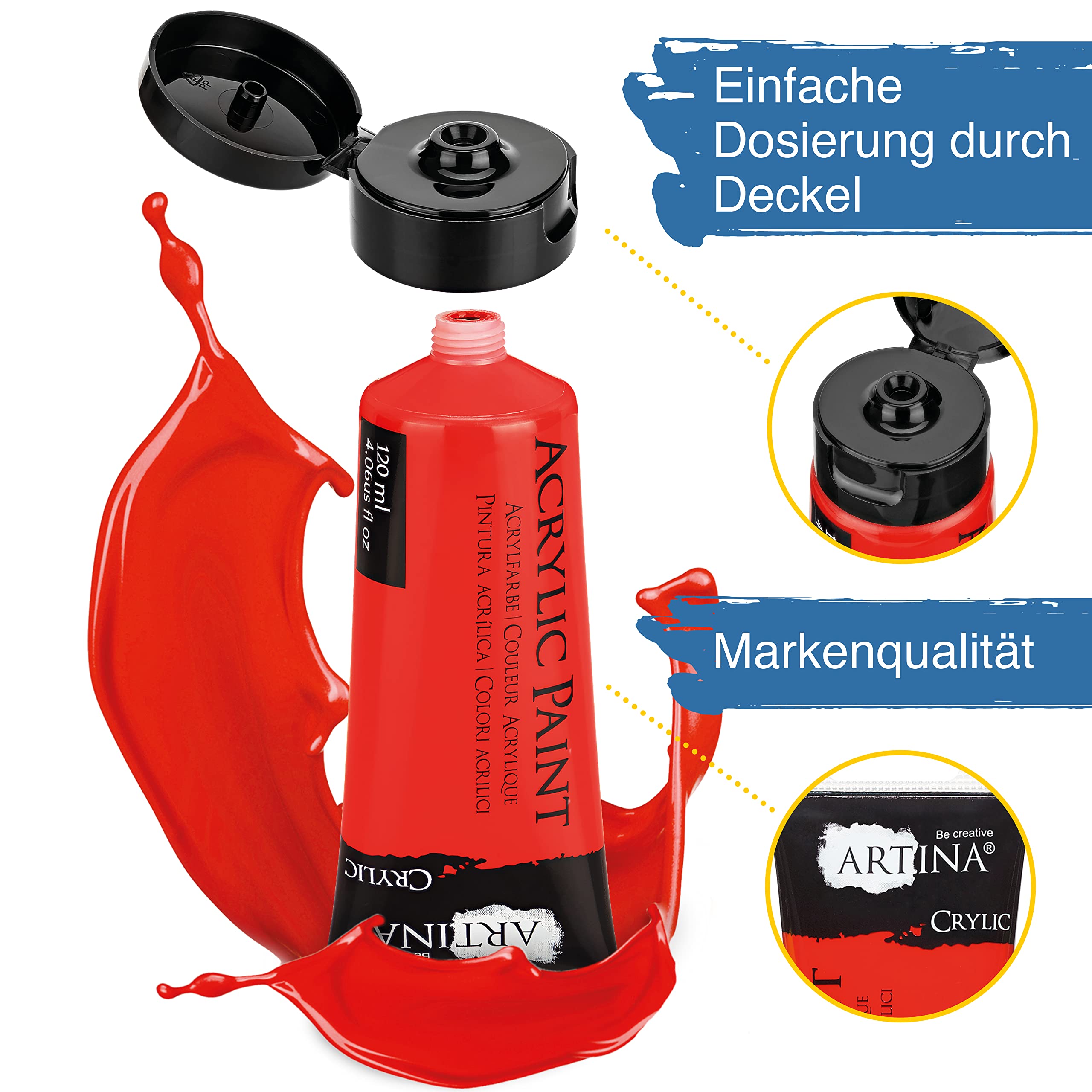 Artina 24er Acrylfarben Set Künstlerfarben Grundfarben Tuben wasserfest