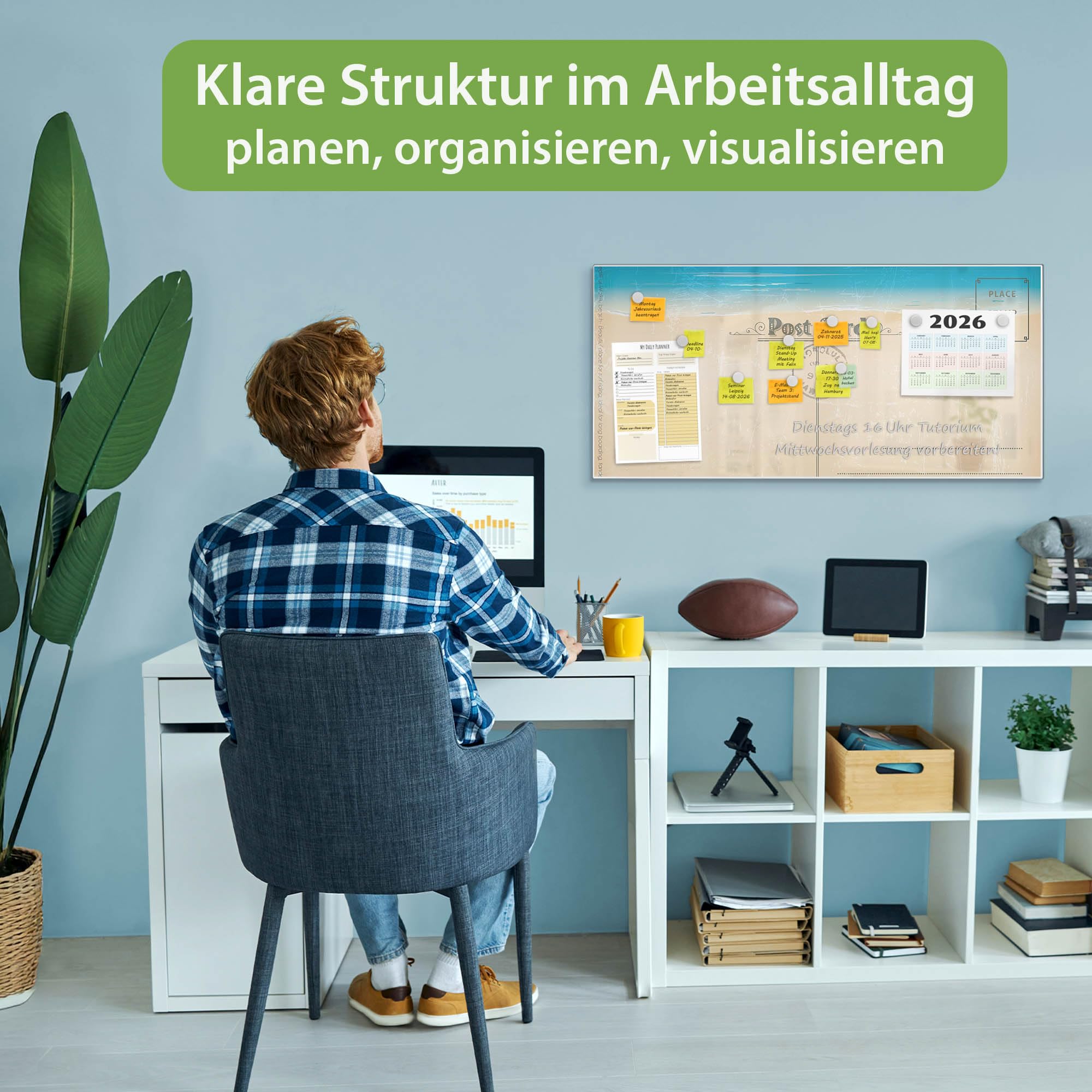 banjado Magnettafel Metall 78 x 37cm - beschreibbare Magnettafel - Metall Pinnwand als Memoboard - Magnetwand Küche, Büro, Kinderzimmer Weiß inkl. 4 Magnete & Montageset - Motiv Postkarte