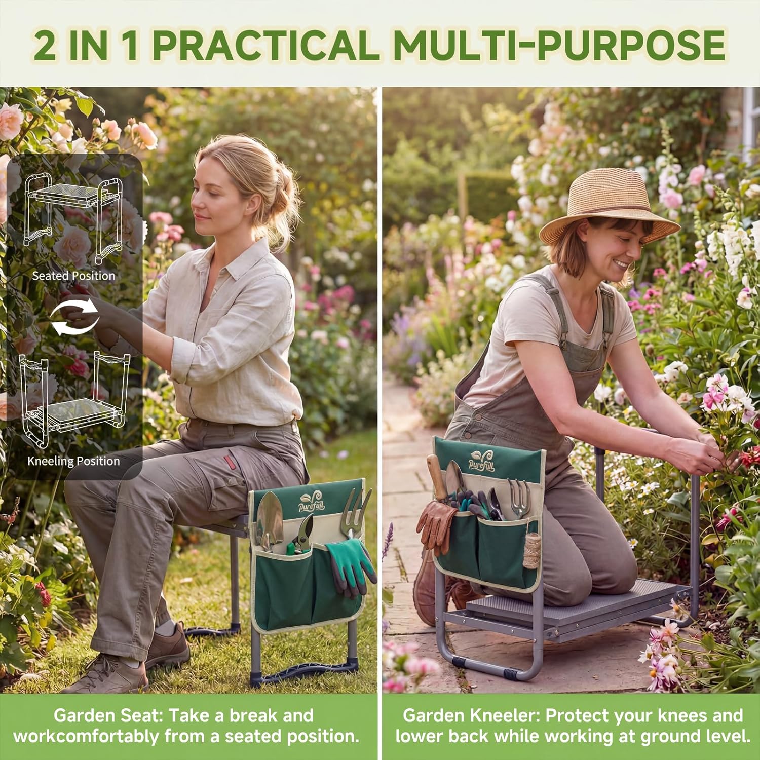 2-in-1 Garden Kneeler and WorkSeats Heavy Duty, Foldable Garden Bench with Wider & Thicker EVA Pad, Portable Gardening Stool with Exclusive Tool Handbag & Color Box, Garden Gifts for Senior