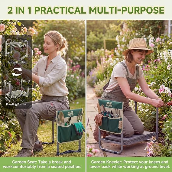 2-in-1 Garden Kneeler and WorkSeats Heavy Duty, Foldable Garden Bench with Wider & Thicker EVA Pad, Portable Gardening Stool with Exclusive Tool Handbag & Color Box, Garden Gifts for Senior
