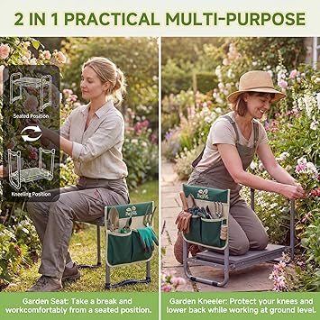 2-in-1 Garden Kneeler and WorkSeats Heavy Duty, Foldable Garden Bench with Wider & Thicker EVA Pad, Portable Gardening Stool with Exclusive Tool Handbag & Color Box, Garden Gifts for Senior