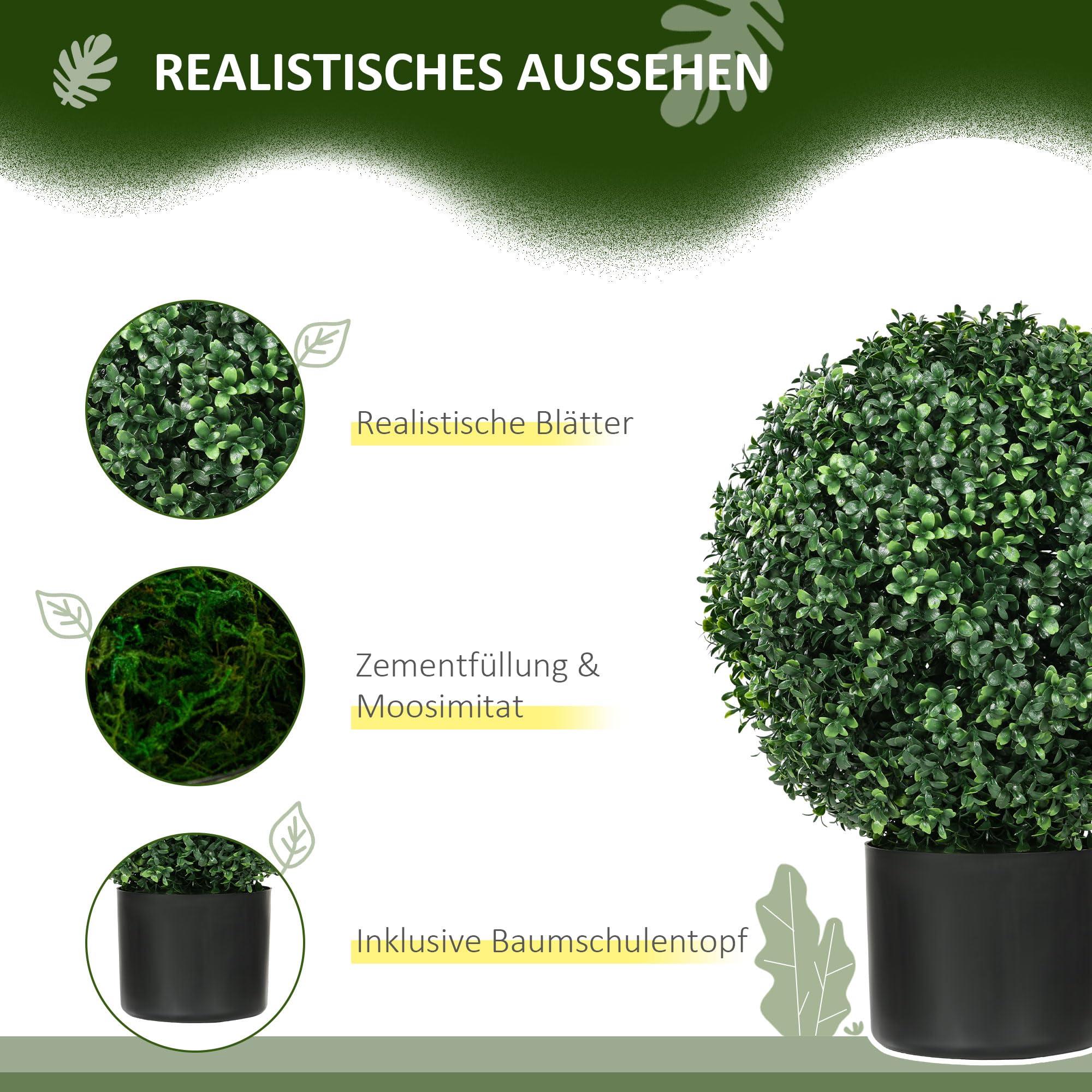 HOMCOM 2er Set Künstliche Buchsbaum 52cm Kunstpflanze mit UV Schutz | Runde Fake Plant Buchsbaum im Topf, Künstliche Pflanzen wie Echt, für Wohnzimmer Schlafzimmer Büro Deko