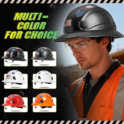 Miniatura 9 de Casco duro de ala completa con patrón de fibra de carbono con visera, casco de seguridad de construcción aprobado por la OSHA para hombres y