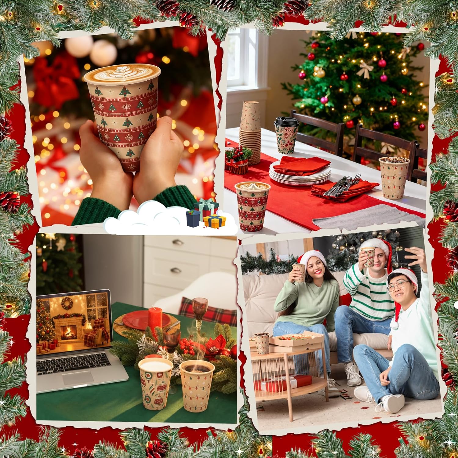 100 Pcs 12 oz Christmas Paper Cups with Lids Xmas Disposable Coffee Cups Holiday Kraft Paper Drinking Xmas Party Drinkware Supplies for Holiday Cocoa Beverage Cold Hot Drinks (Classic 1)