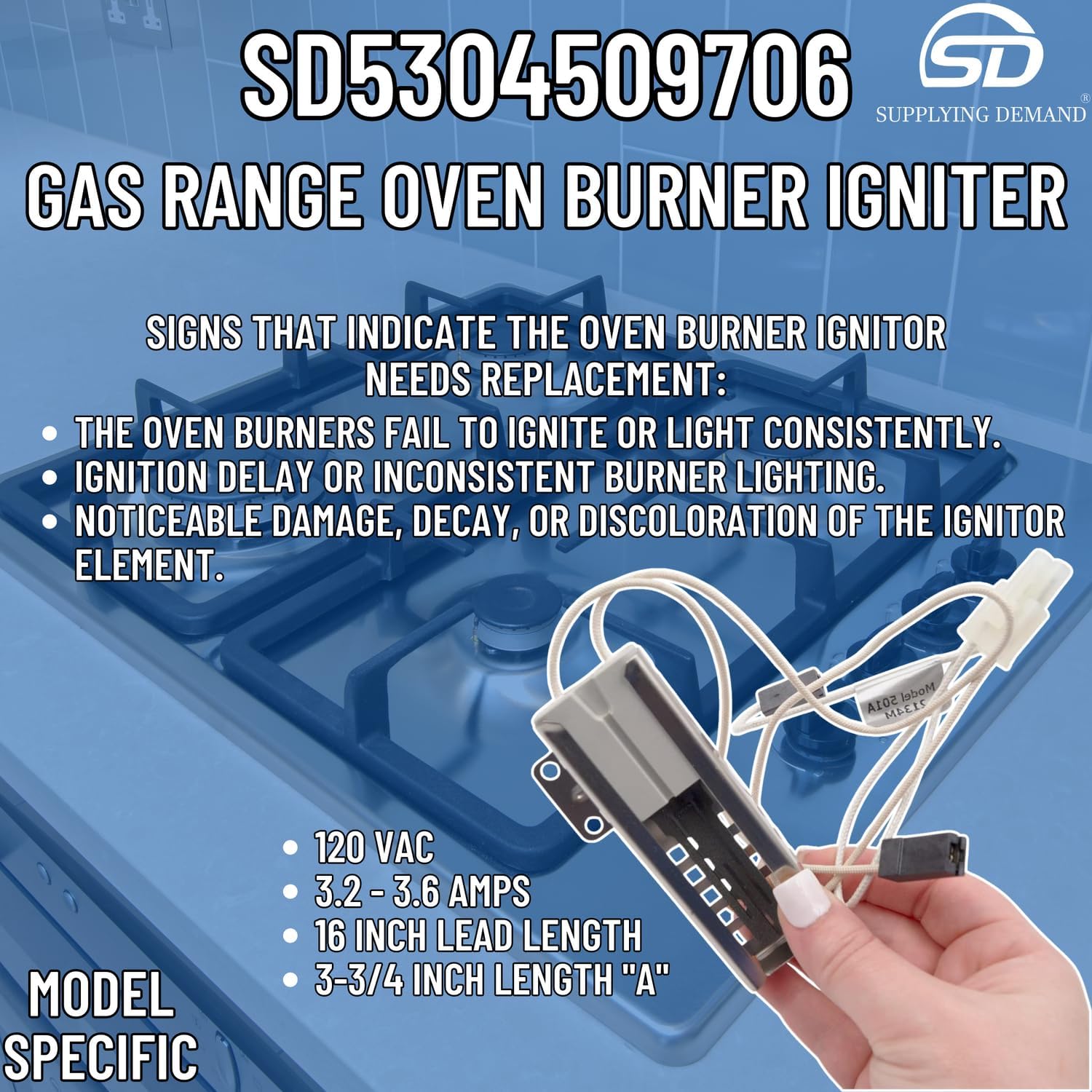 Supplying Demand 5304509706 316489402 Gas Range Oven Burner Igniter Replacement with Wire Harness