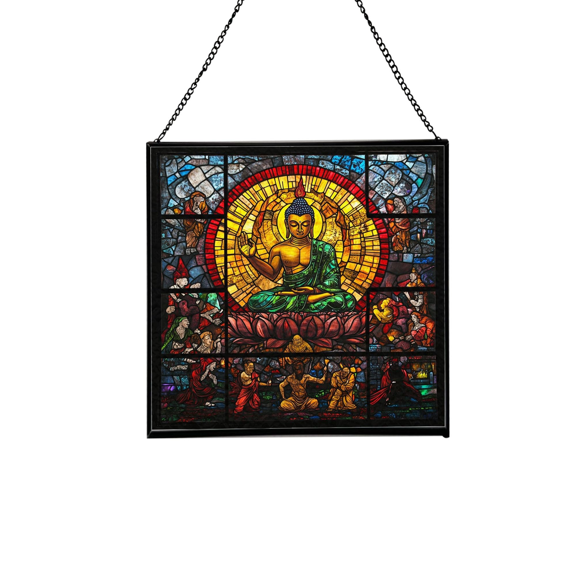 Buddha Taming Mara Stained Glass Suncatcher – Square Hanging Window Panel for Meditation Room, Zen Space, or Home – Peaceful Spiritual Glass Art Gift, Christmas, Thanksgiving szm2GB