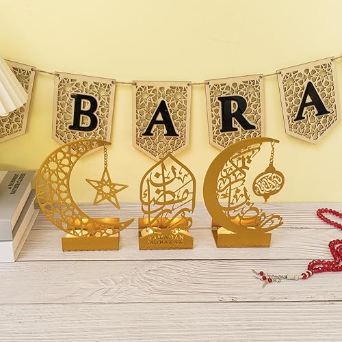 Miniatura 7 de flangairy Decoraciones de Ramadán para el hogar 2024 Eid Mubarak Carteles de metal Kareem Mezquita musulmana islámica, soporte árabe dorado, centro