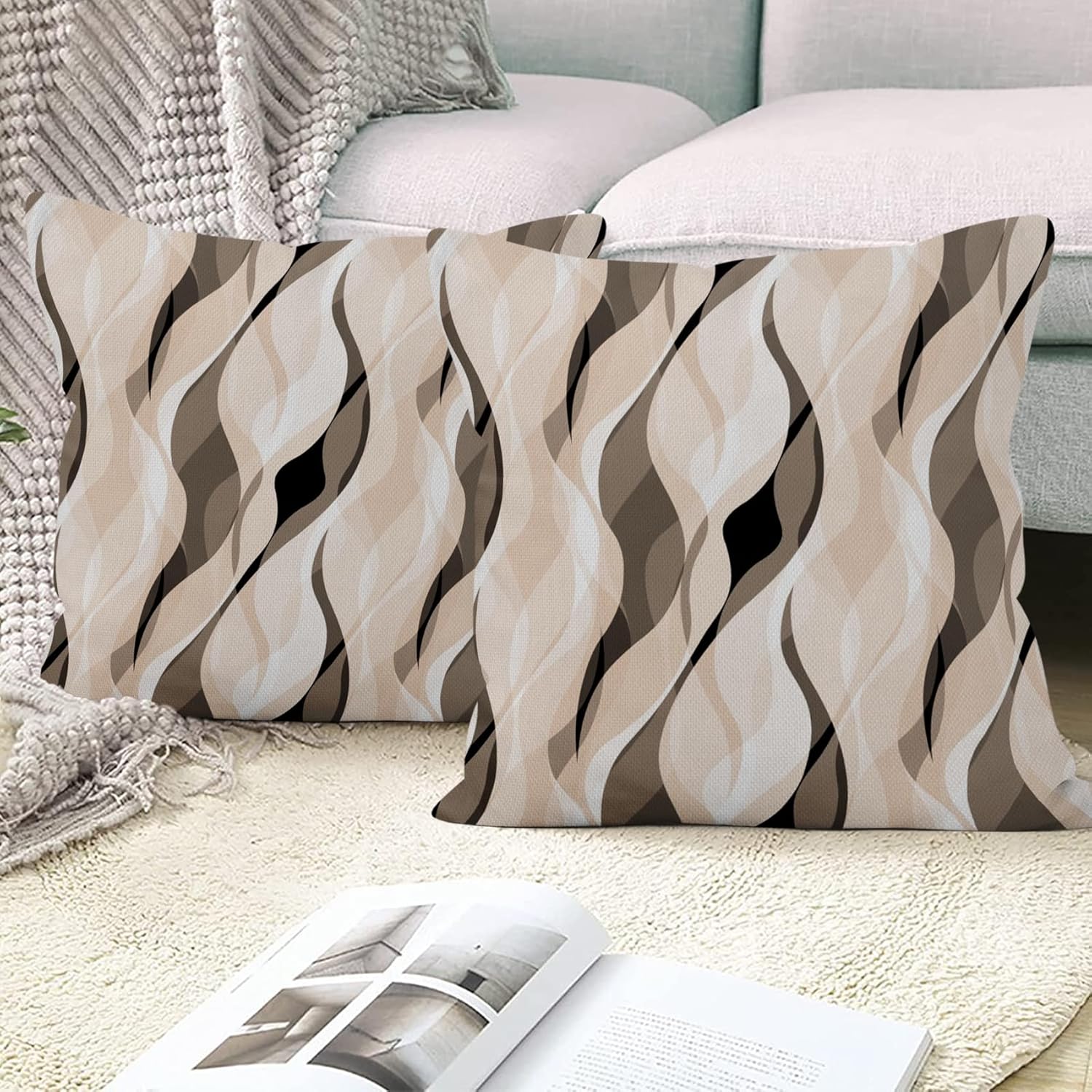 Cream Pillow Covers 20x20 Inch, Modern Grey and Cream Striped Throw Pillow Covers Square Cotton Linen Couch Pillow Cases, Set of 4 (No Inserts)