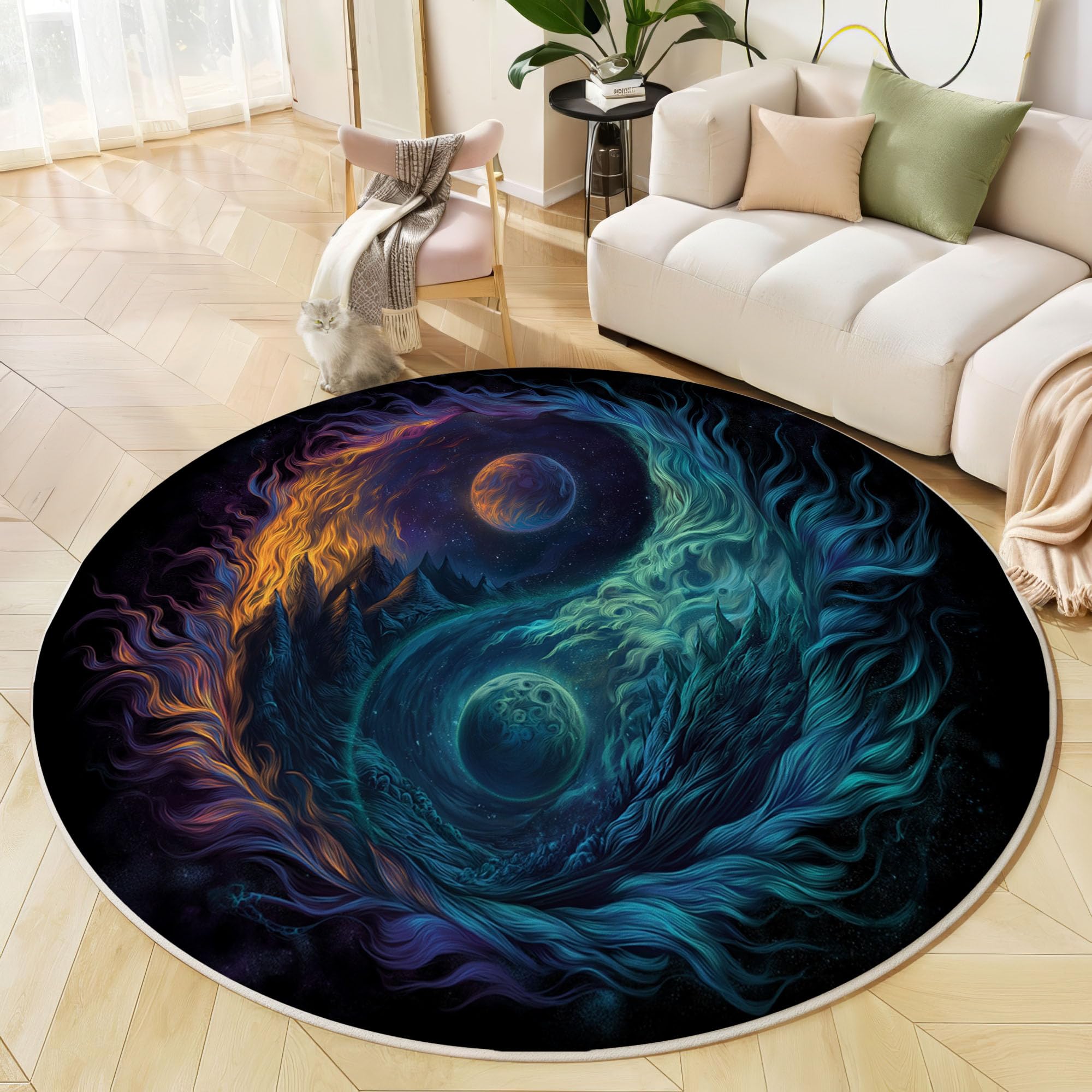 Tapis rond salon style yin yang sarcelle 80 cm antidérapant et lavable