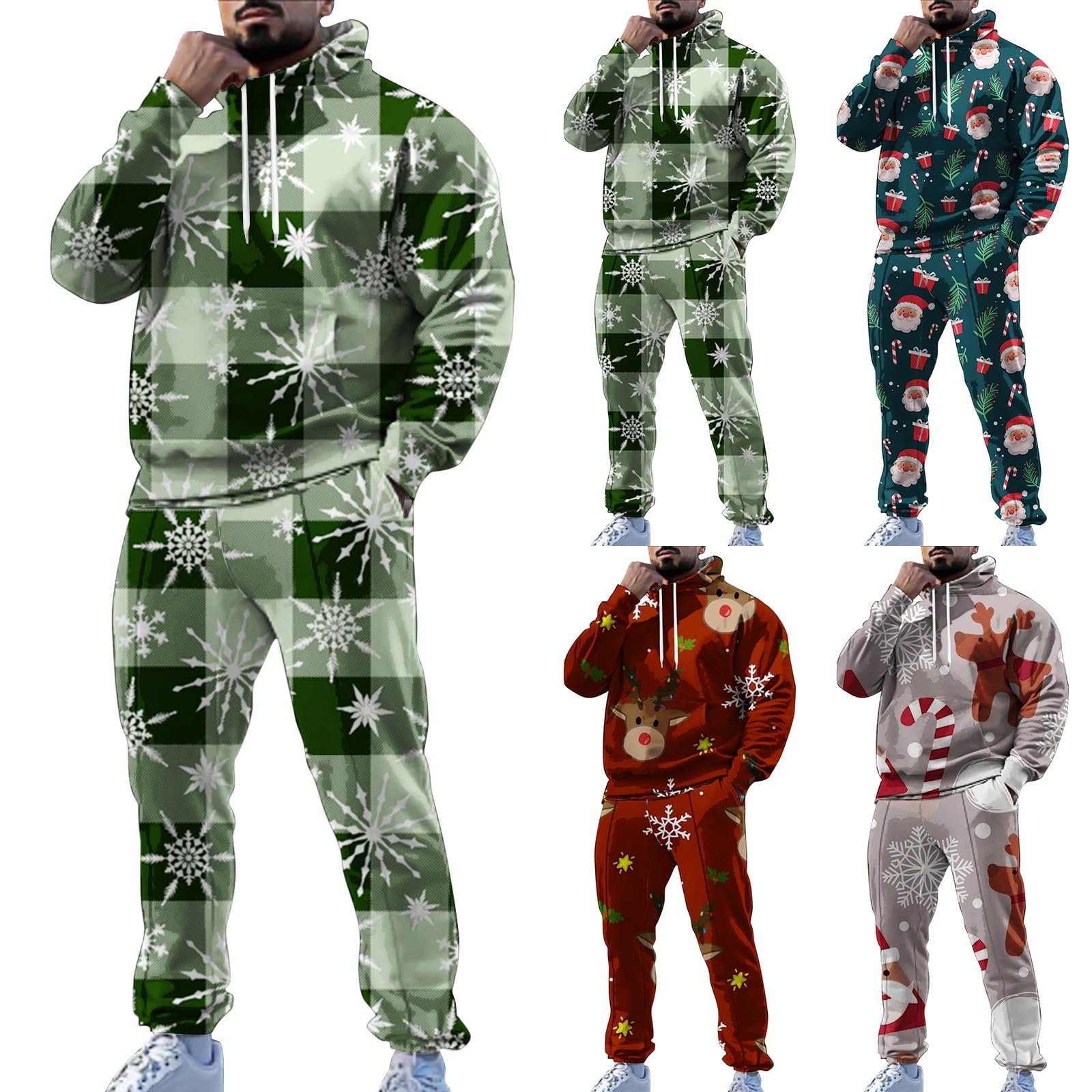 Chándal navideño para hombre con divertido Papá Noel, mono de manga larga con capucha y pantalones de chándal, juego de chándal para vacaciones, gimnasio, deportes, trajes con bolsillos, Z014 Verde