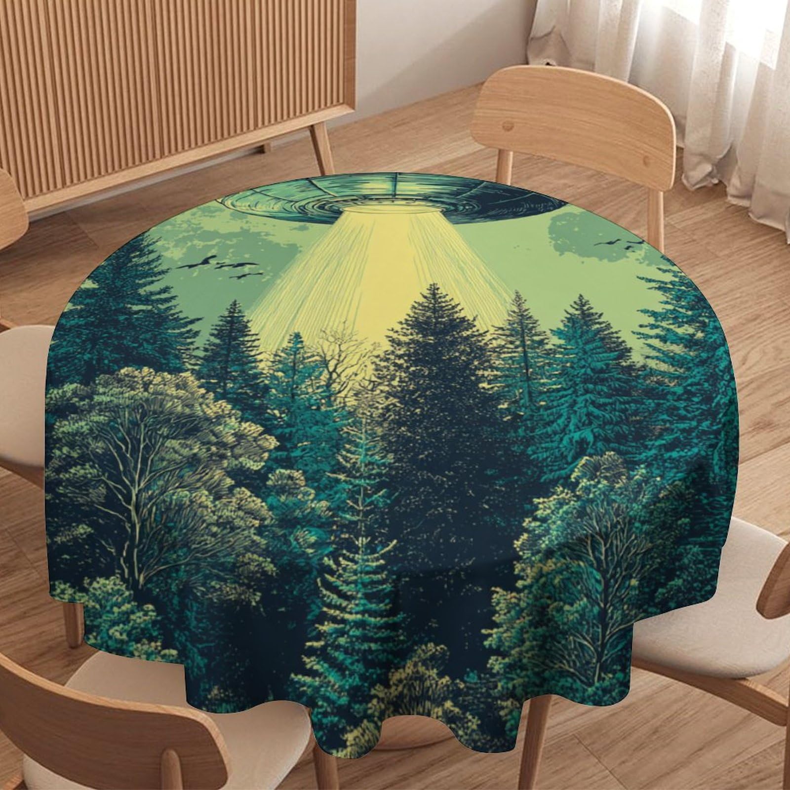 LUYYSKY Fantasy Watercolor Alien Spaceship Waterproof Round Tablecloth Modern Abstract Full Moon Pine Forest UFO Washable Table Cover for Kitchen-91.4" Wx91.4 L cm