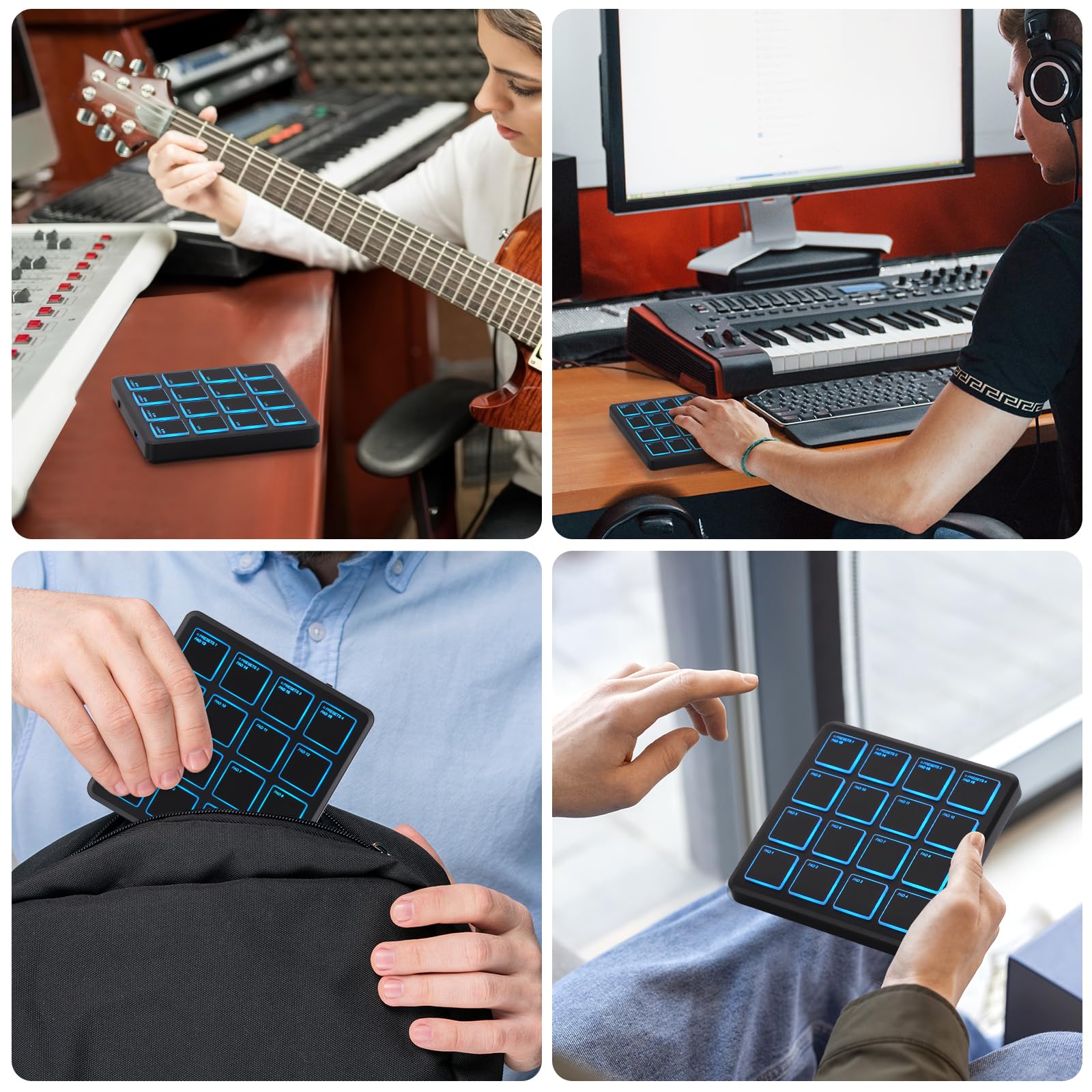 M-WAVE Controlador MIDI inalámbrico, 4.1 x 4.1 pulgadas, 0.25 libras, controlador MIDI USB portátil Bluetooth con 16 almohadillas de batería MPC, repetición de notas, botones de nivel completo