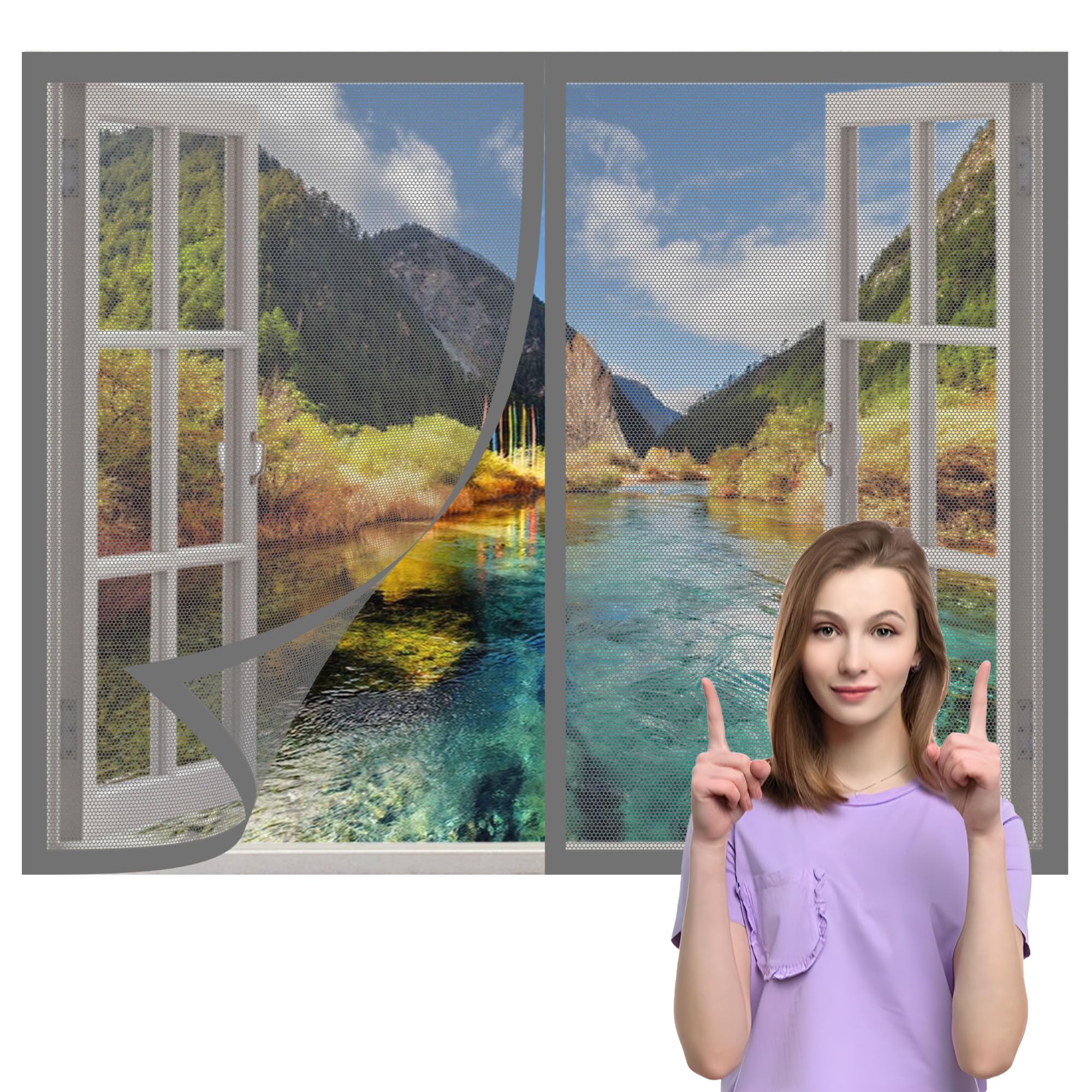 Magnetic Fly Screens Windows 130 x 160 cm Selfadhesive Tape Fly Bug Bee Protection Screen Easy Install for Window, Bedroom, Living Room, Kitchen Patio Window, Grey