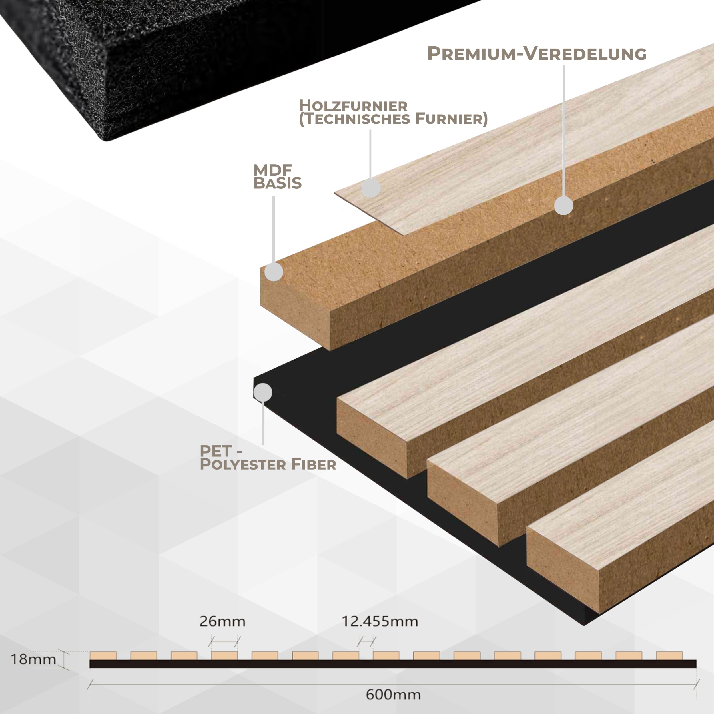 Akustikpaneel mit Holzfurnier in Bright Teak - 2700x600 mm - mit PET-Filz - 1 Stück