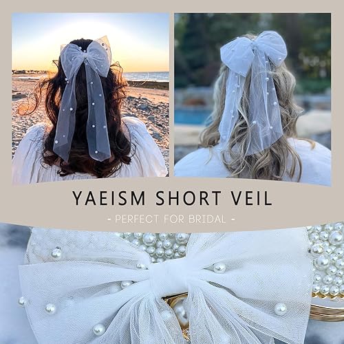 Vista 4 de YAEISM Velo de novia, velo de despedida de soltera, lazo blanco, velo de boda, elegante capa de tul para mujeres y niñas