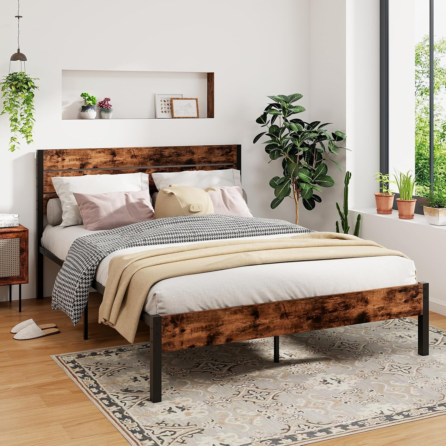 GOFLAME Queen Size Bed Frame with Headboard, Metal Platform Bed with Under-Bed Storage Space & Slatted Headboard, Industrial Bed Base, No Box Spring Needed Mattress Foundation, Rustic Brown