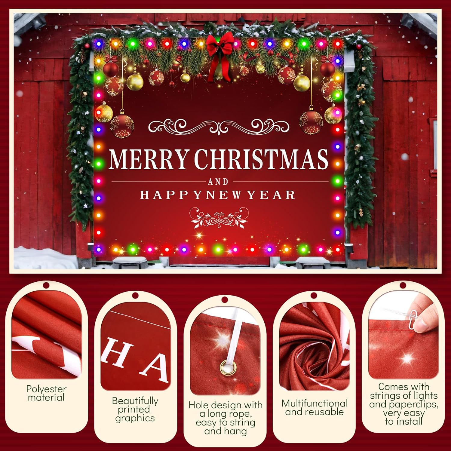VitalCozy Christmas Garage Door Cover with LED String Light 7x8ft Red Large Xmas Garage Door Banner Backdrop Decoration Outdoor Lighted Merry Christmas Happy New Year Holiday Party Mural Cover Decor