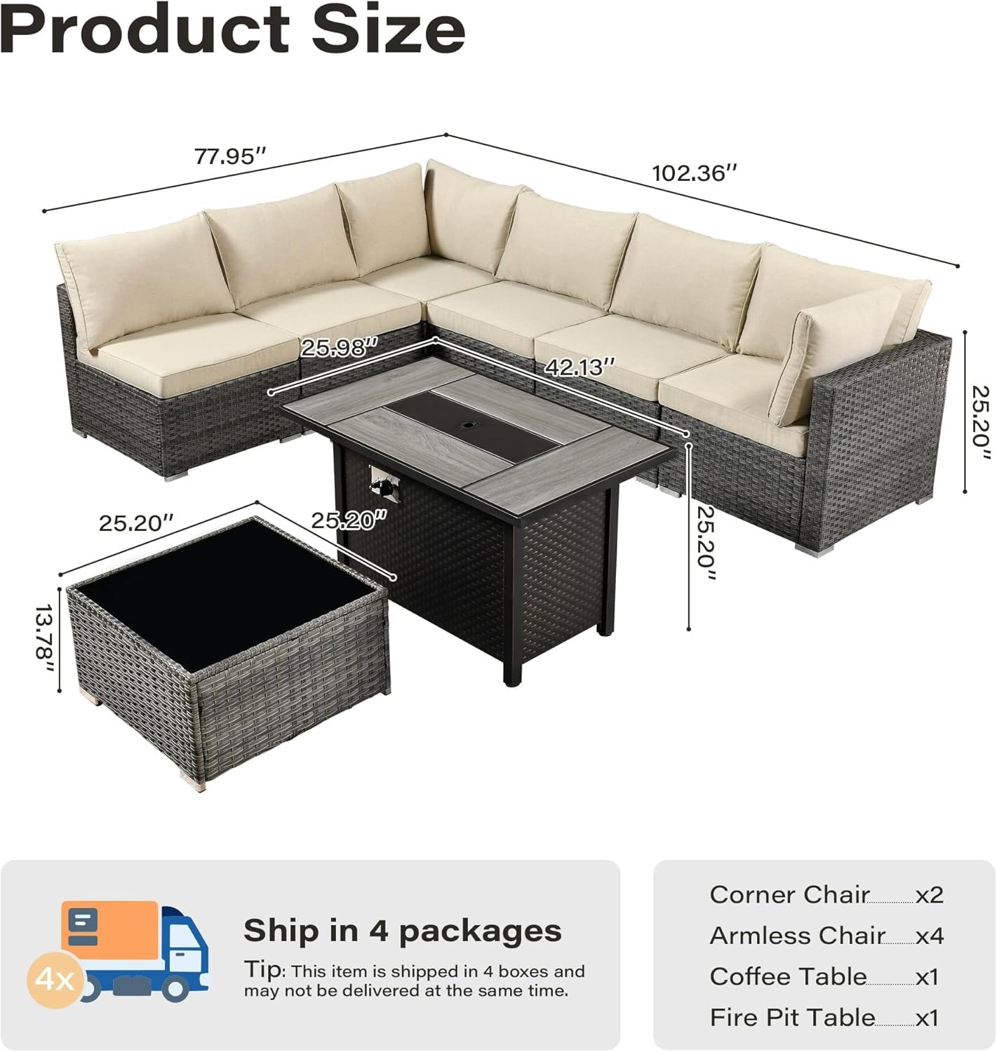 8 Pieces Patio Furniture Set with Fire Pit Table L Shaped Outdoor Patio Conversation Sets with Swivel Chairs with Comfy Cushions and Deep Seat for Porch Balcony Poolside(Beige)