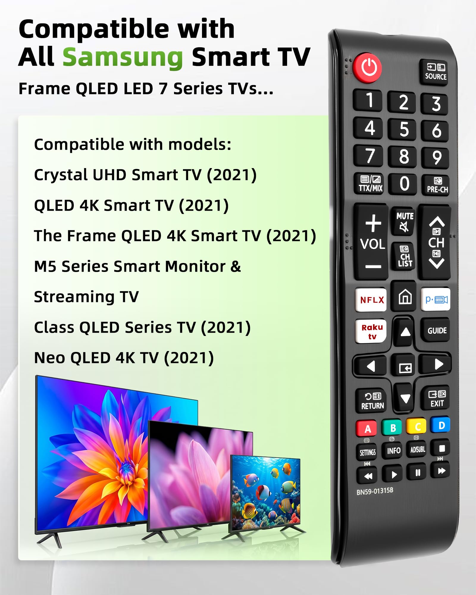 BN59-01315B Telecomando TV per Sam-sung, telecomando di ricambio per Smart TV Sam-sung LED QLED UHD 4K HDR con pulsanti Net-flix, Prime Video e Ra-kuten TV