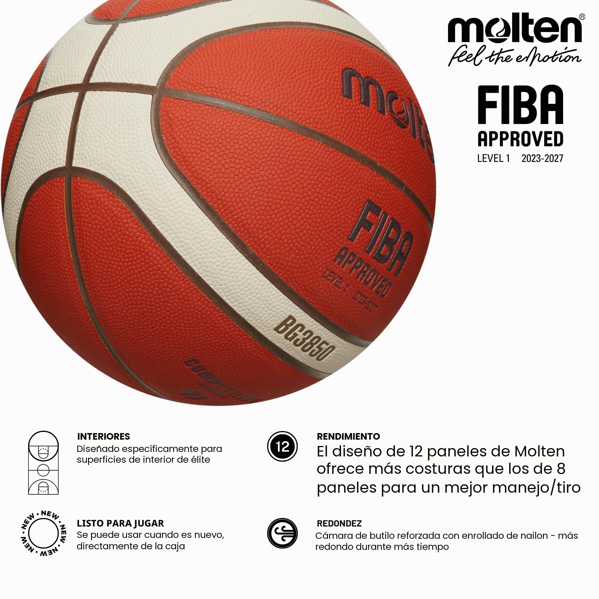 Molten BG3850 Fiba - Baloncesto de Piel sintética, tamaño 5, 6, 7