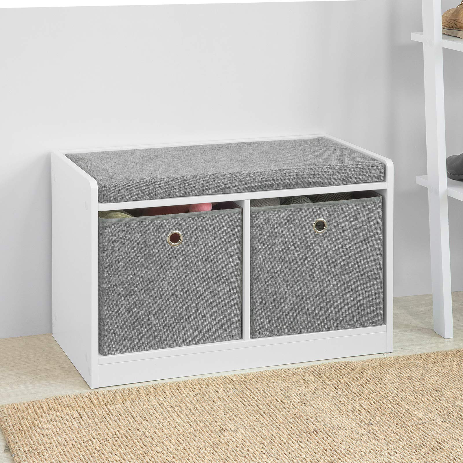 Haotian Entryway Storage Bench with 2 Baskets, Bed Ottoman Storage Cubes, Hallway Livingroom Shoe Bench Shoe Rack Shoe Cabinet with Seat Cushion, Grey, FSR65-K-DG