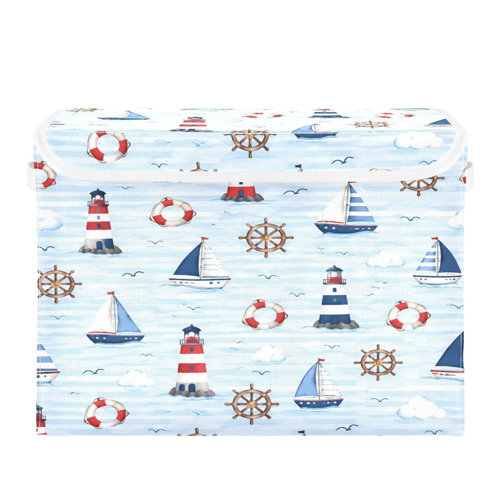Ewusp Lighthouse Boat Fabric Storage Bin with Lid, Decorative Foldable Storage Basket with Handles, Stackable Closet Shelf Organiser Box for Clothes, Books, Bedroom, Living Room