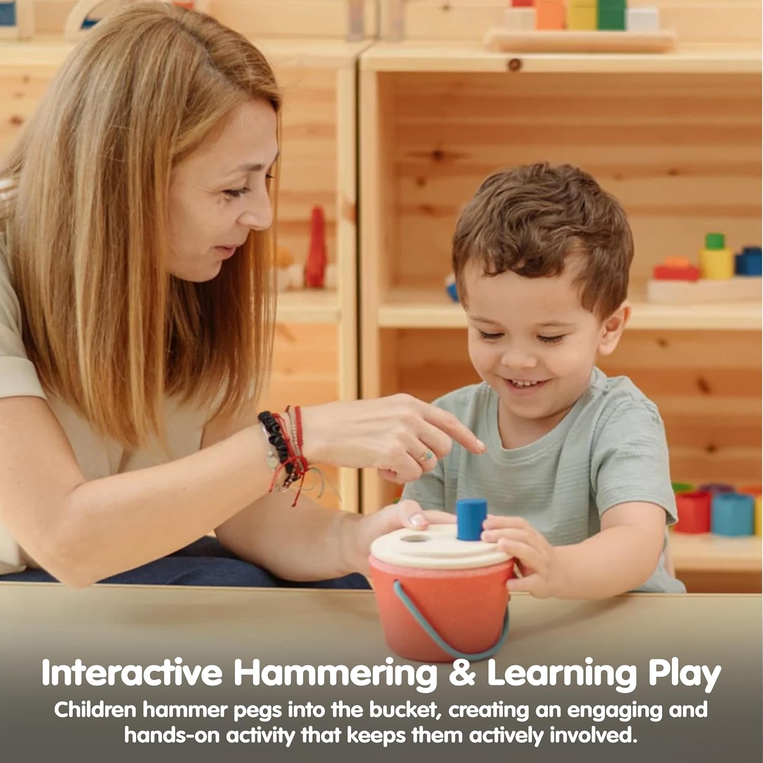 PlanToys® Hammering Peg Bucket | Montessori Wooden Hammering Toy for Toddlers 12M+ | Develops Hand-Eye Coordination, Fine Motor Skills & Problem-Solving | Includes Pegs & Hammer