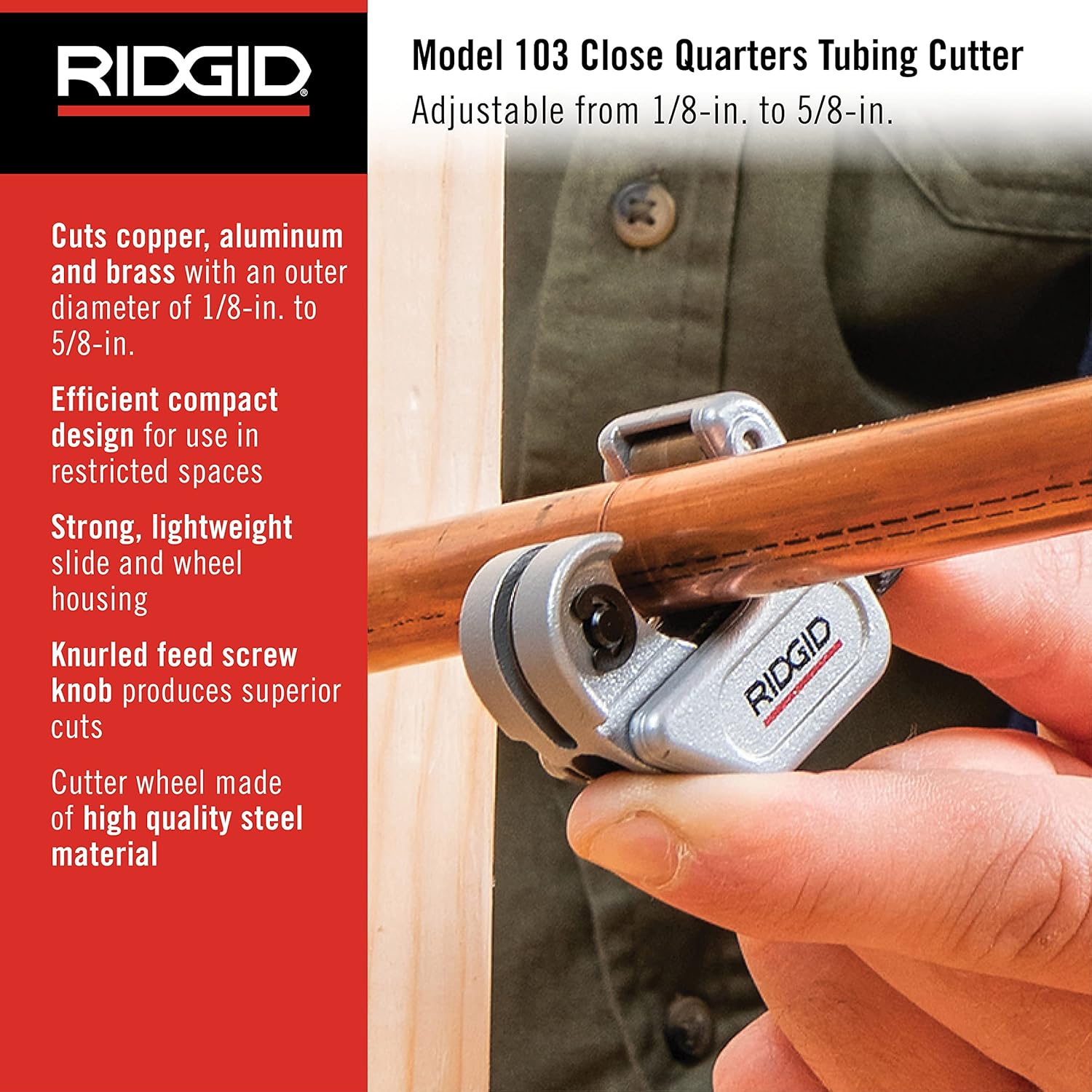 RIDGID 31622 Model 150 Constant Swing Tubing Cutter, 1/8-inch to 1-1/8-inch Tube Cutter, Small & 32975 Model 103 Close Quarters 1/8" To 5/8" Copper, Aluminum, Brass, And Plastic Tubing Compact Cutter