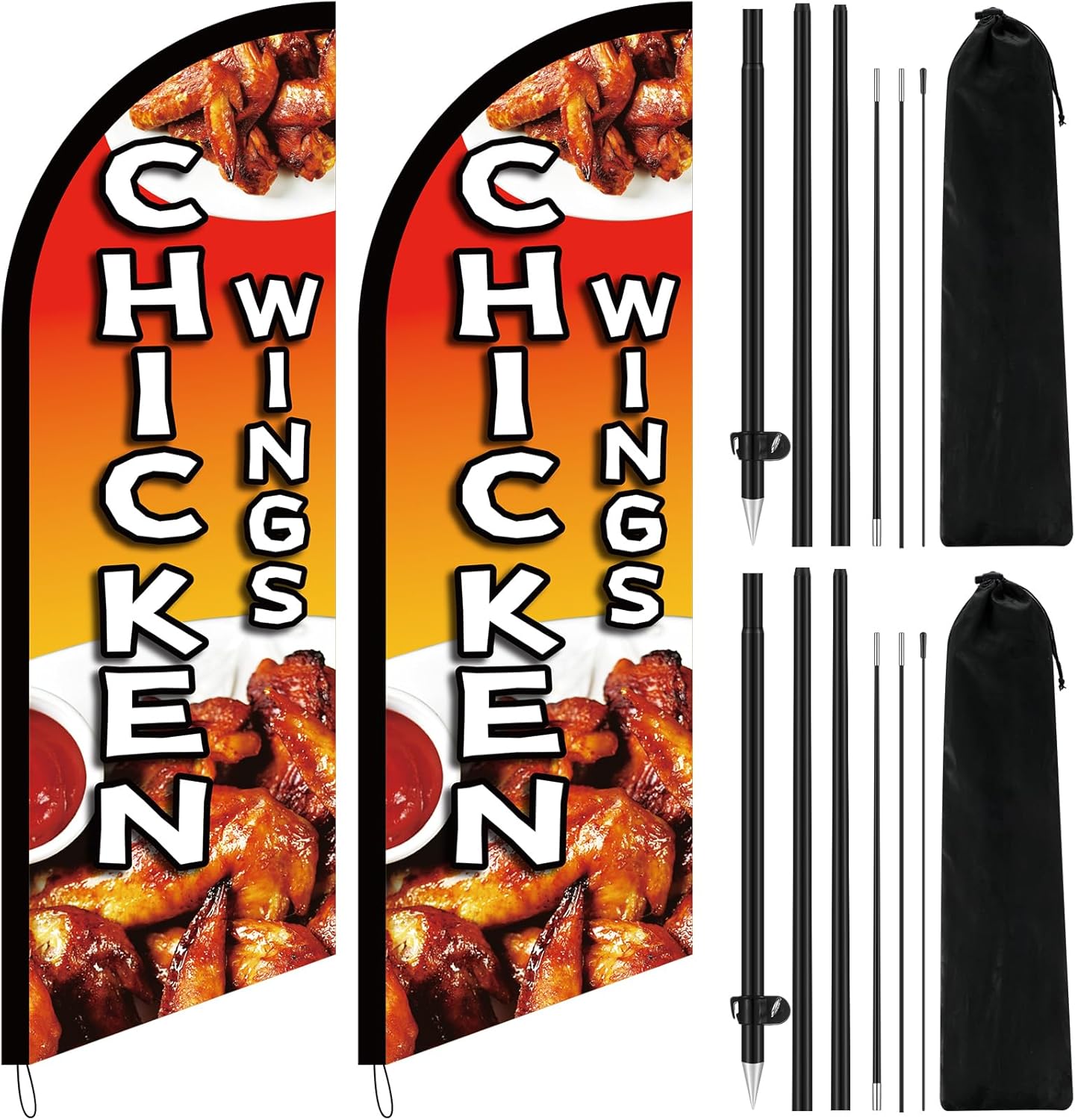 2 Sets Chicken Wings Feather Flags 8.2 FT Tall Windless Swooper Flag Kit Chicken Wings Advertising Banner Sign Flagpoles Ground Stakes for Snack Bar Restaurant Outside Businesses Advertising