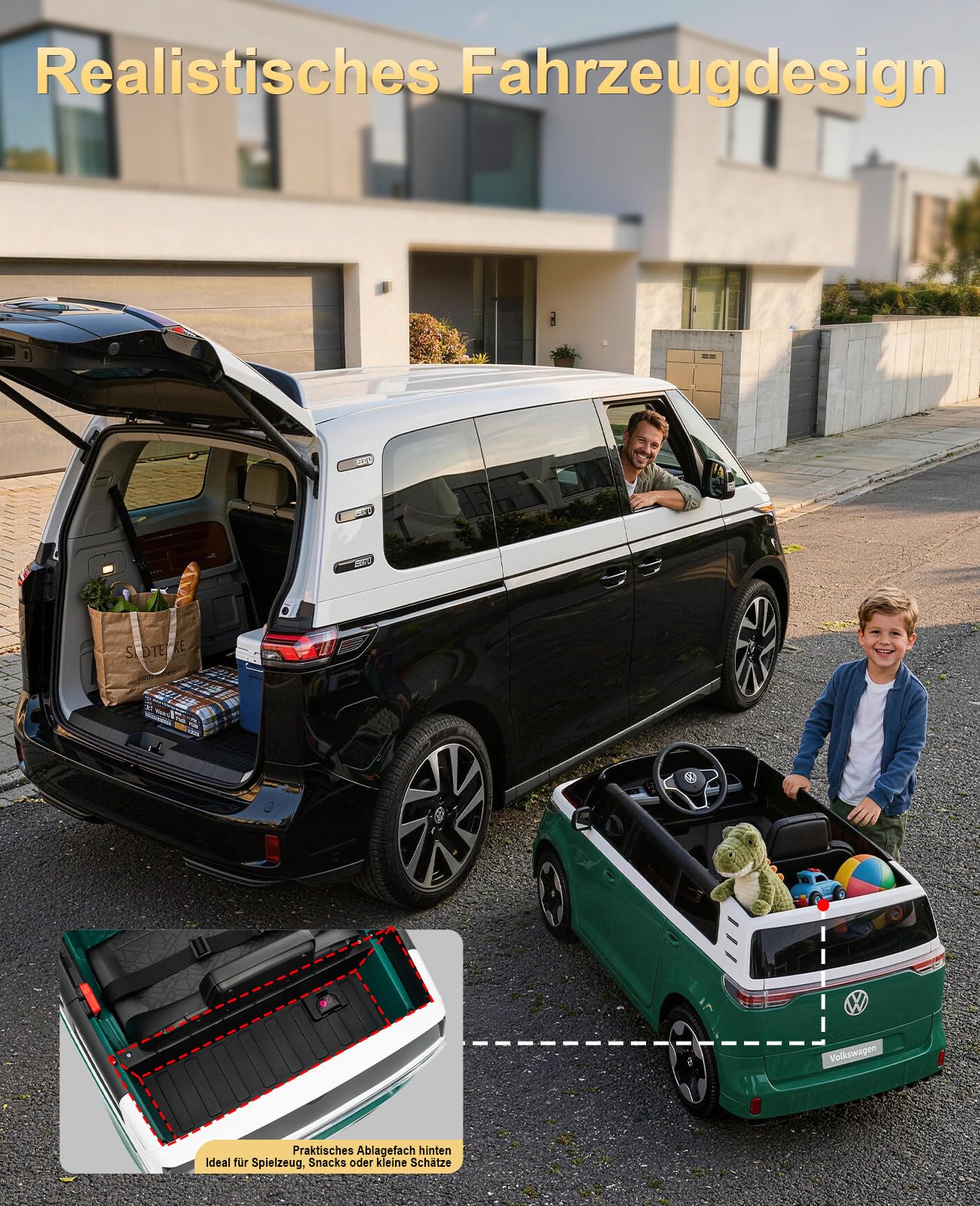 KerryYoo SW2 12V 7Ah Kinder Elektroauto, Offiziell Lizenziertes VW Kinderfahrzeug mit Fernbedienung, Soft Start und Stauraum im Heck, für Kinder ab 3 Jahren - Schwarz