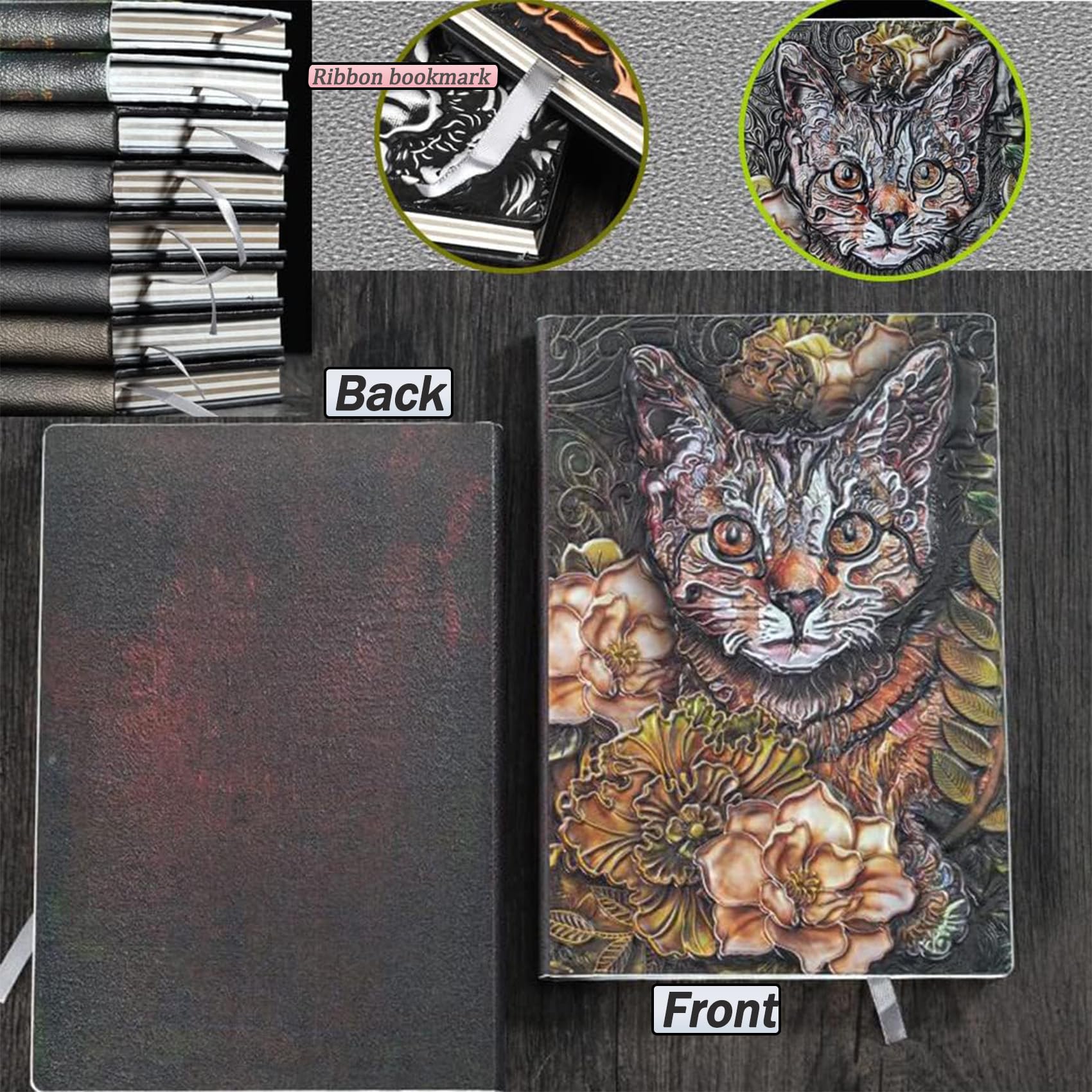 KISWIAR Geprägtes Leder-Tagebuch, A5, Vintage, Reisetagebuch, Kunst, Katzen-Einband, Leder-Tagebuch, Notizbuch, Schreibbuch, Dekoration, Buch, Retro-Hardcover-Tagebuch für Frauen