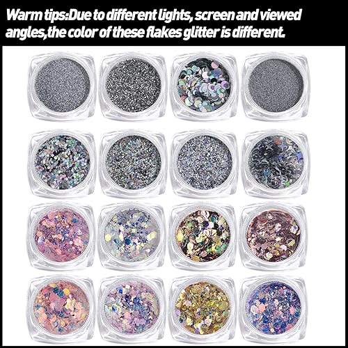 Miniatura 8 de Lentejuelas holográficas con purpurina para uñas, 16 cajas de suministros de arte de uñas, copos 3D, polvo acrílico brillante, polvo plateado,