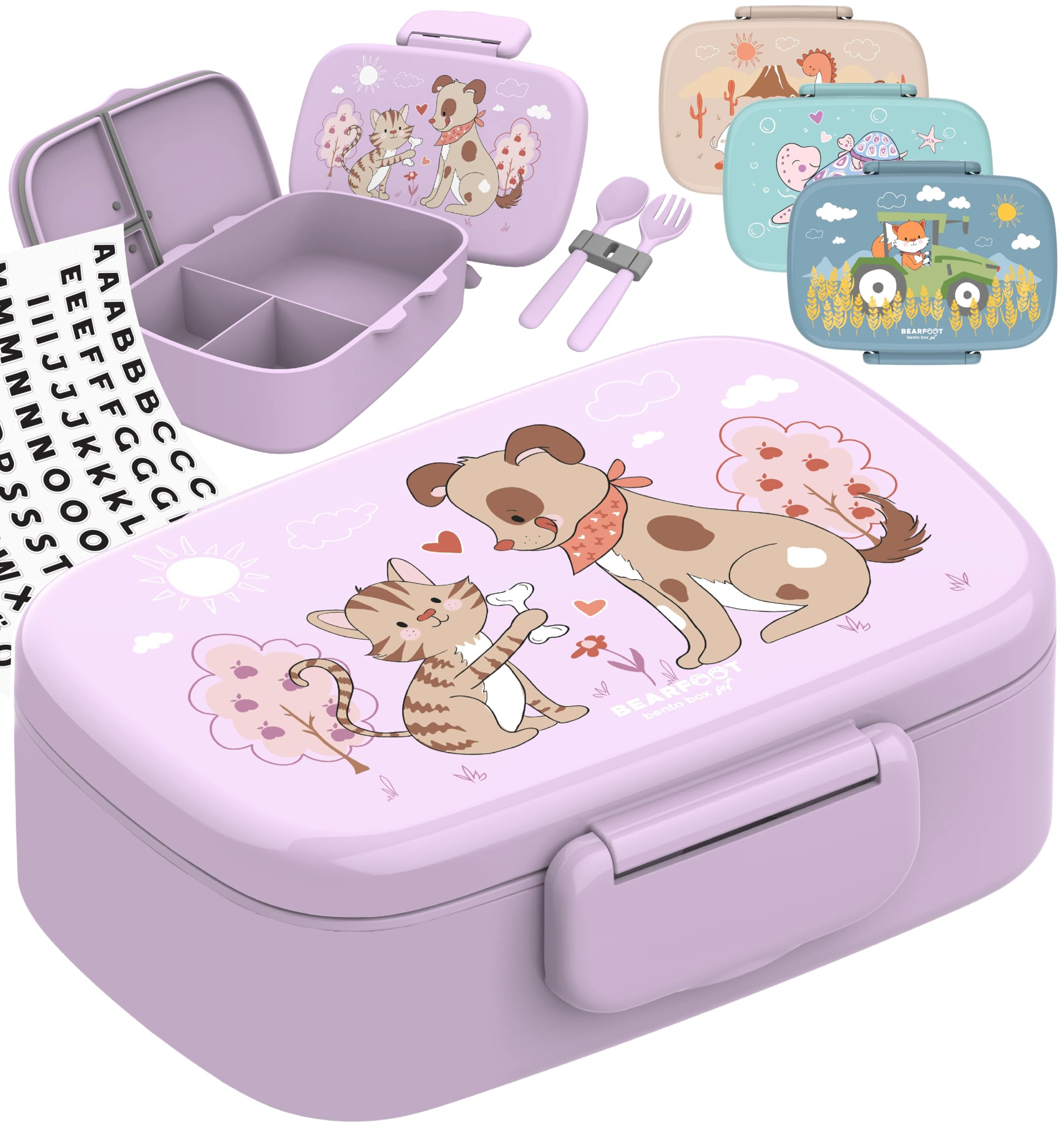 BEARFOOT Brotdose Kinder mit Fächern, BPA frei, Lunchbox, Bento box, Brotbox, Brotdose Mädchen & Jungen, Snackbox, 100% auslaufsicher, Vesperbox für Kindergarten, Schule (Hund&Katze-lila)