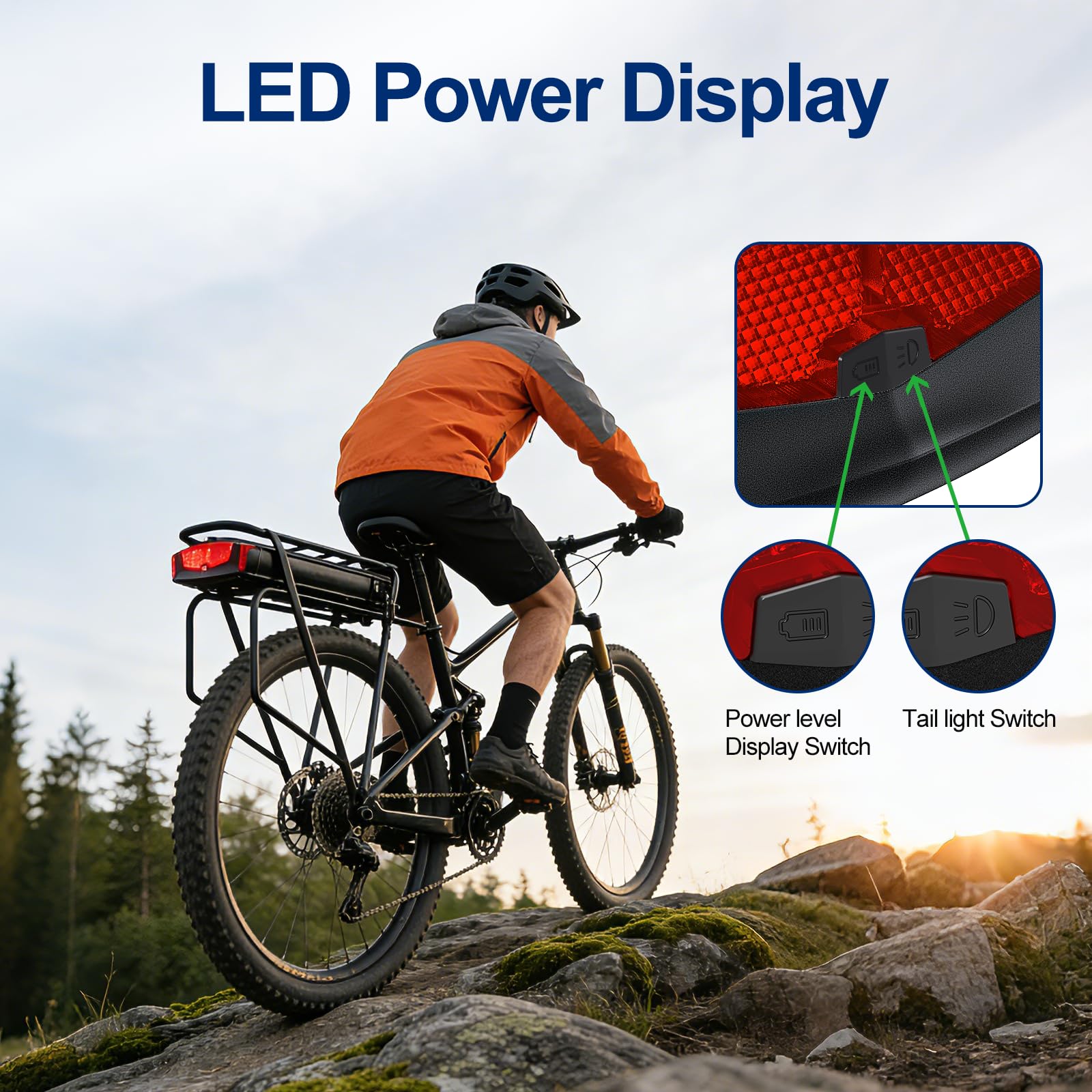 Batteria per bici elettrica con fanale posteriore - Batteria per bici elettrica con portapacchi pper motori elettrici da 250 W, 500 W, 750 W e 1000 W