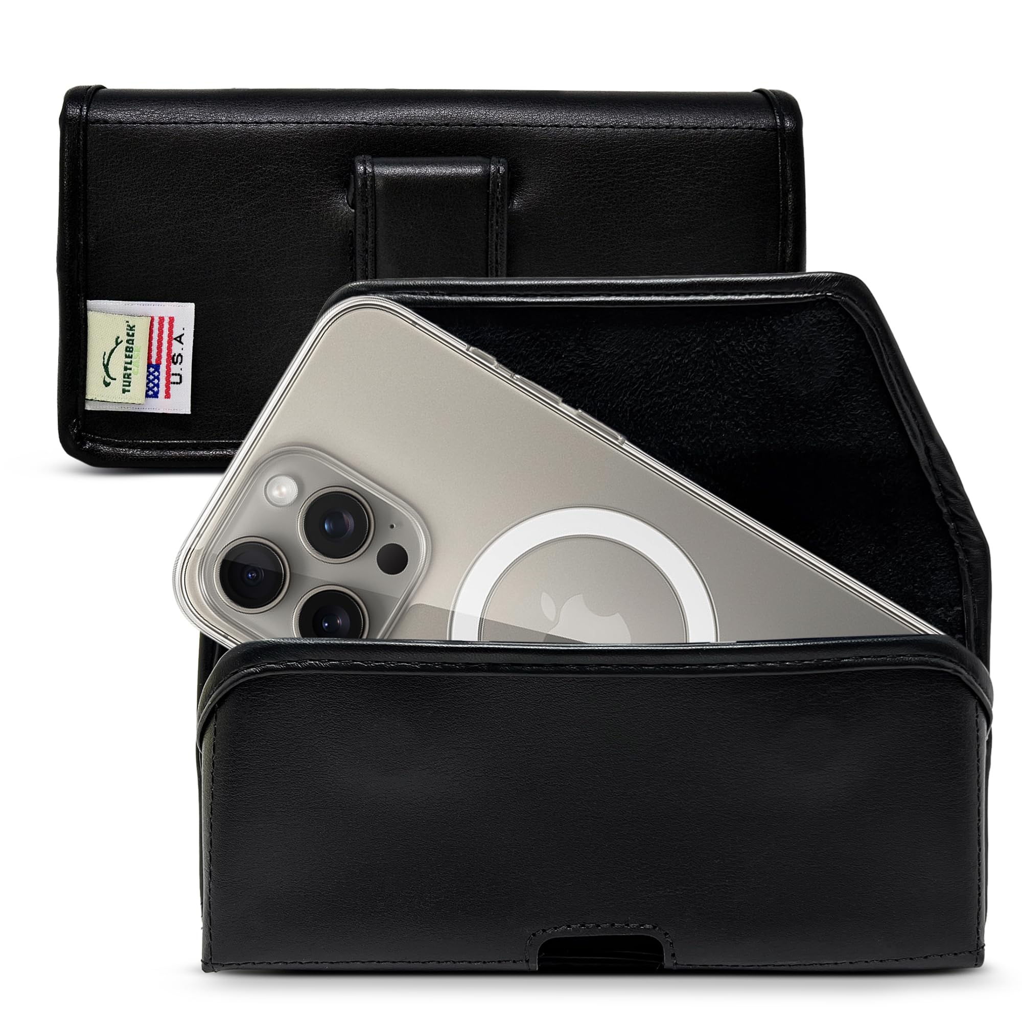 Turtleback Premium Leather Phone Holster for iPhone 16 Pro, 16e, 15 Pro - Small – Fits Slim Thin Style Cases – Black Horizontal Phone Holster with Exclusive Metal Belt Clip, Magnetic Closure