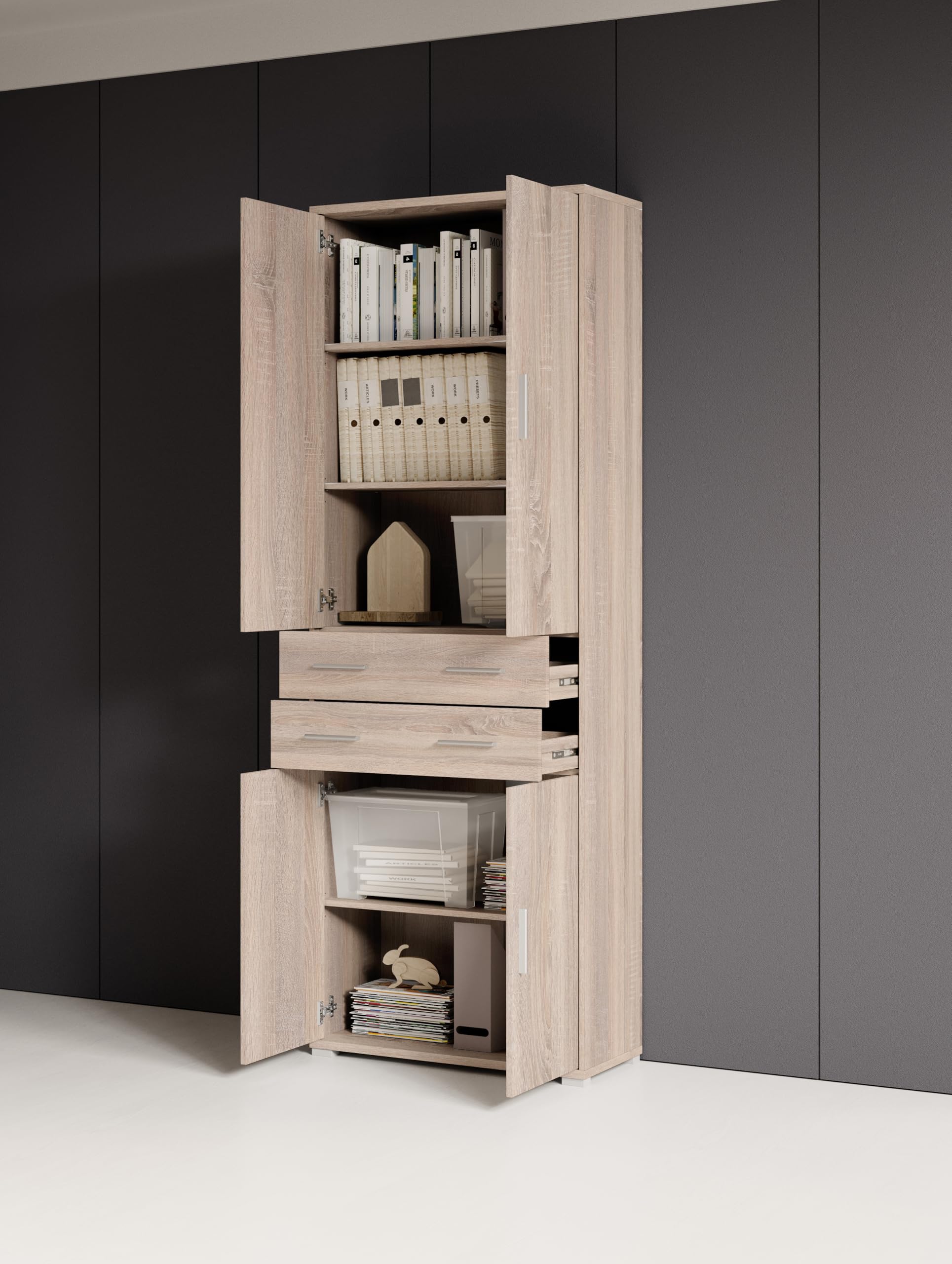 Stella Trading Office Line Aktenschrank Eiche Sonoma Optik 4 Türen Büroschrank Holzwerkstoff 79 x 220 x 35 cm