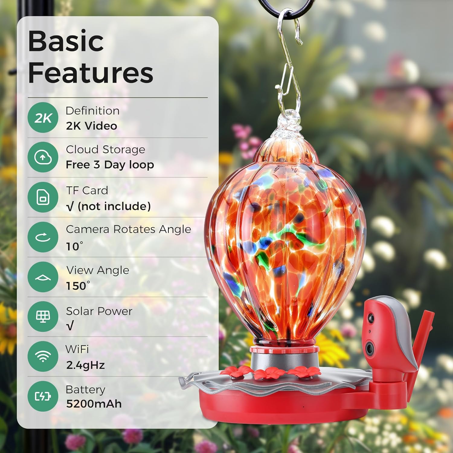 Smart Glass Hummingbird Feeder with Camera Solar Powered 2K- AI Identify & Water Detection, Instant Notification, Leakproof & Ant Moat TT Nature - Image 8