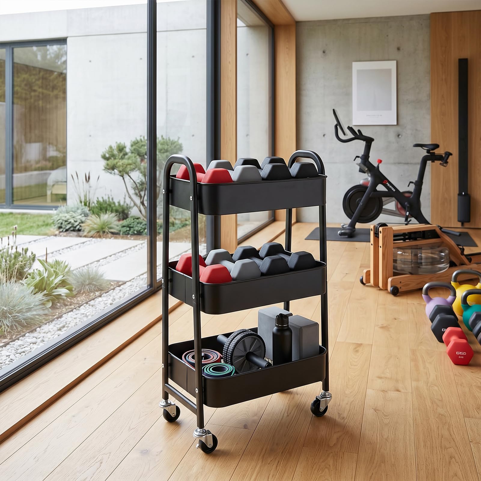 DOEWORKS Carrito Auxiliar con Ruedas Carrito Servicio Metalico Carro de Almacenamiento 3 Niveles Rodante Carro Organizador para Cocina Dormitorio Baño Oficina, Negro
