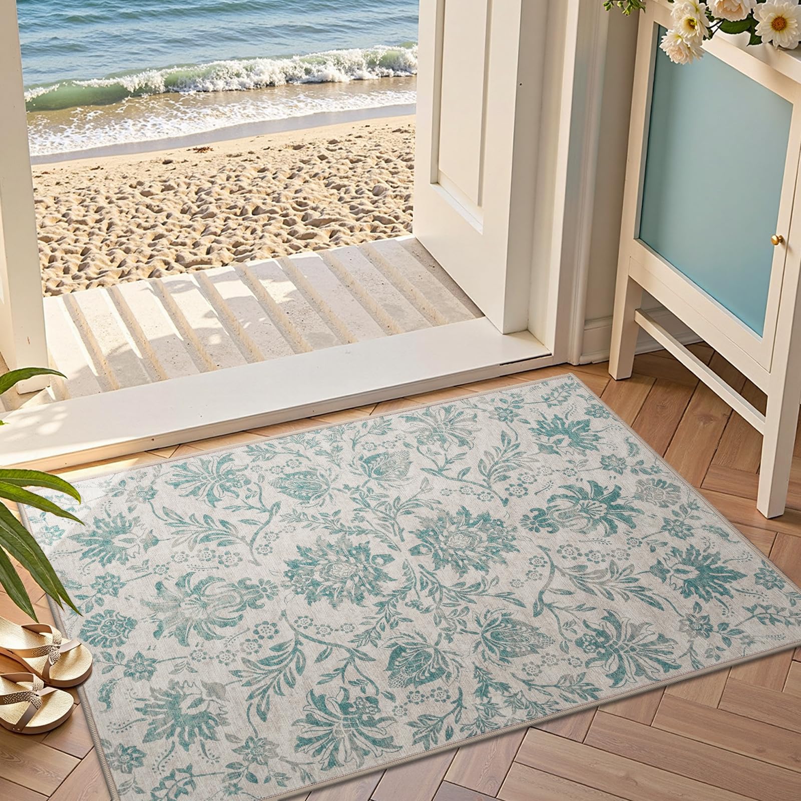 jinchan Torino 2x3 Washable Rugs for Entryway Vintage-Inspired Floral Design Non-Slip Low-Pile Doormat Ultra-Thin Indoor Traditional Accent Carpet for