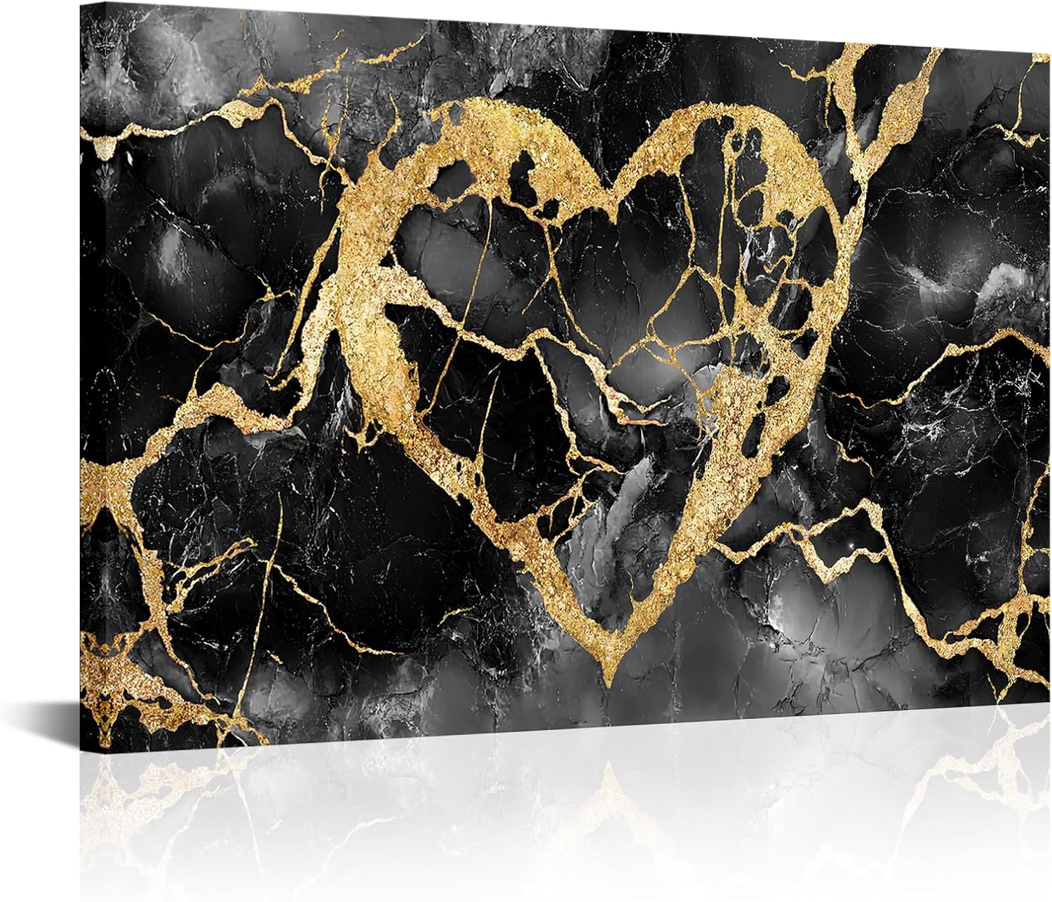 HOMEOART Black and Gold Wall Decor Love Wall Art Gold Heart Picture Marble Print, Living Room Bedroom Love Sign Gothic Decoration, Framed Ready to Hang 24x48inch