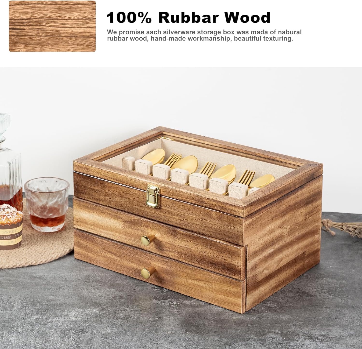 Silverware Box, 3-Layer Wooden Silverware Storage Box with Glass Lid, 14.5×10.6 Inches Vintage Style Decor Flatware Storage Case for Fine Flatware & Utensils, Gift Idea (Torched Wood) - Image 3
