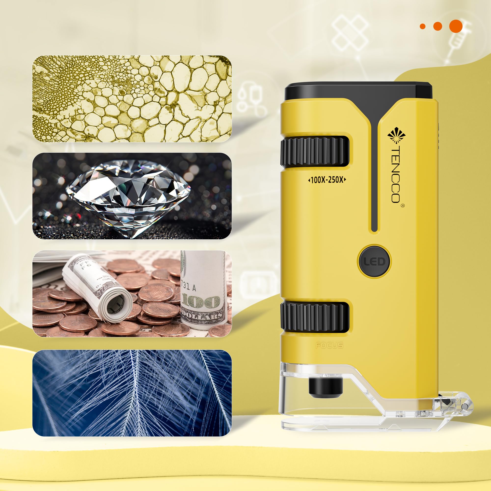 Mini Microscope de Poche 100x-250x pour Enfants Adultes, Microscope Portatif Main, Miniscope Portable pour Enfants Adultes, Scientifique Education, Jaune
