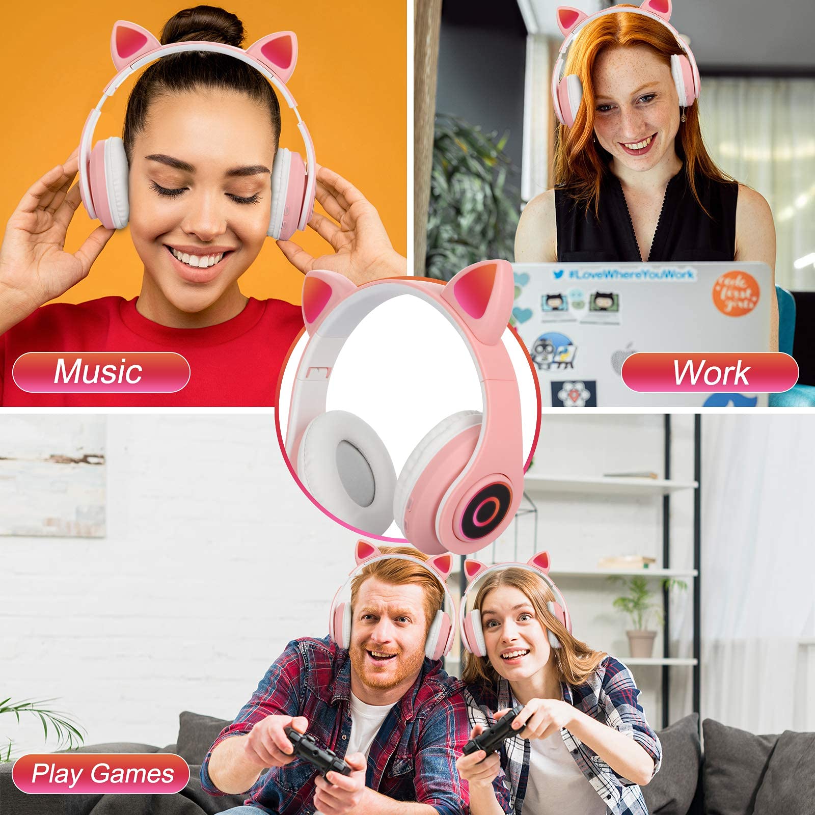 Sendowtek Casque sans Fil pour Enfant avec Microphone Intégré Fonction d'Appel Pliable Écouteurs Casque Bluetooth à Oreilles de Chat LED pour Fille Garçon Adulte Voyage Vacances (Rose)