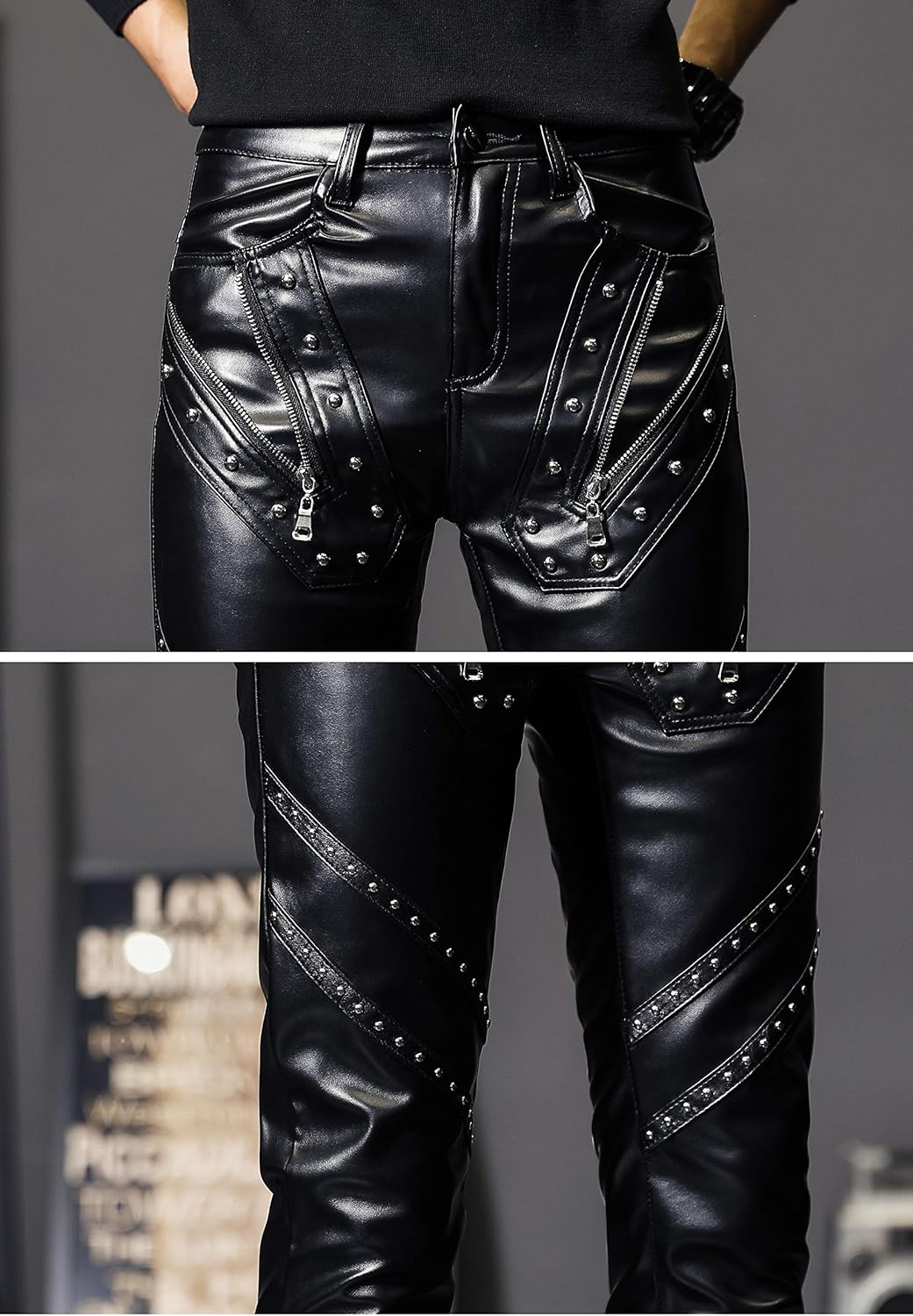 Idopy Men`s Rock Steampunk Studded PU Leather Pants Slim Fit with Rivet - Image 6