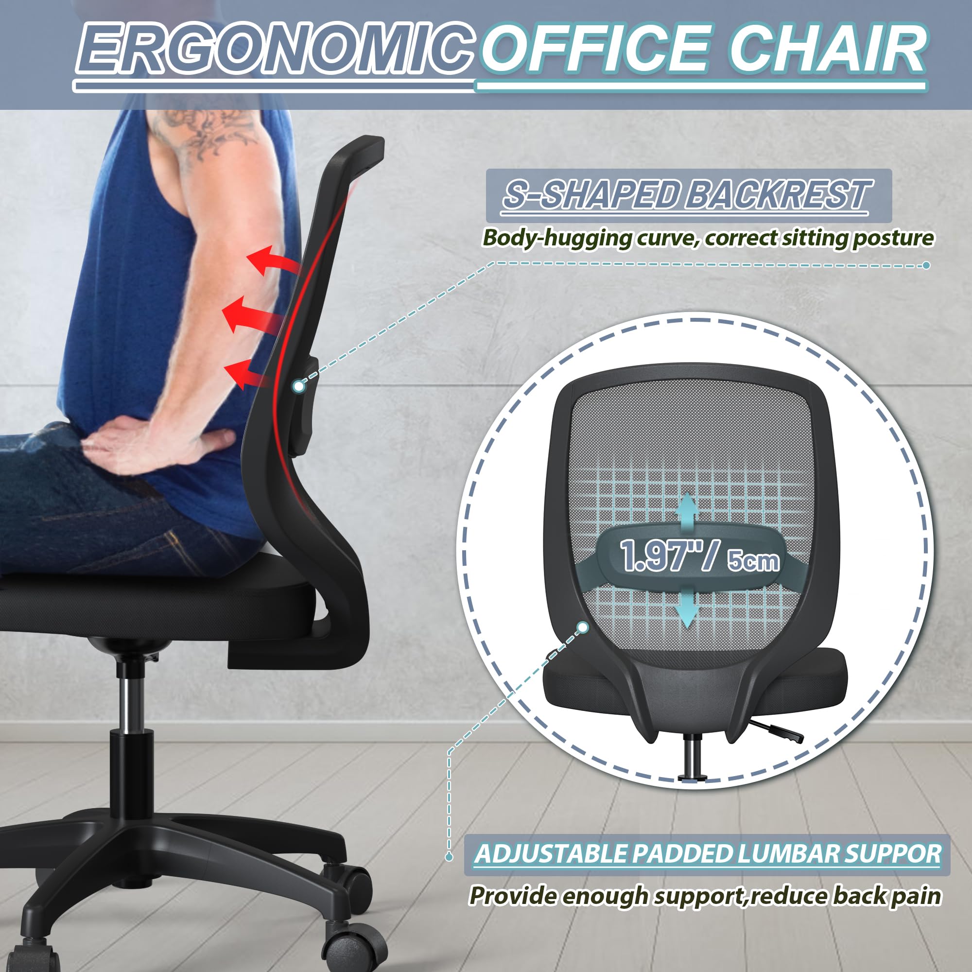 Silla de oficina ergonómica de malla sin brazos para computadora, hogar, altura ajustable, soporte lumbar para espacios pequeños 3