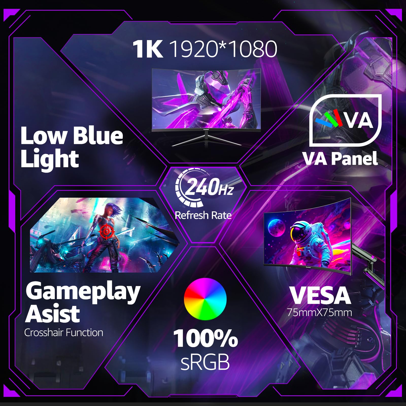 Gawfolk - Monitor da gaming da 32", 240Hz, schermo curvo per PC, Full HD 1080P, 1800R, senza cornice con FreeSync e Tecnologia Eye Care, supporta VESA