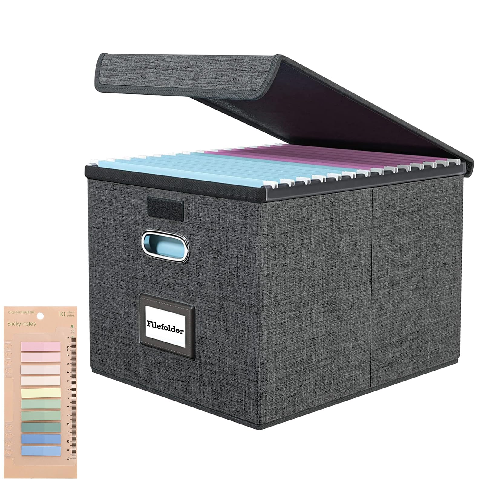 Upgraded Filing Boxes Portable Paperwork Organiser Large Capacity Multifunctional File Organiser with Lid Foldable Fabric Hanging Filing Box with Plastic Slide for Home Storage Office Filing-Dark Grey