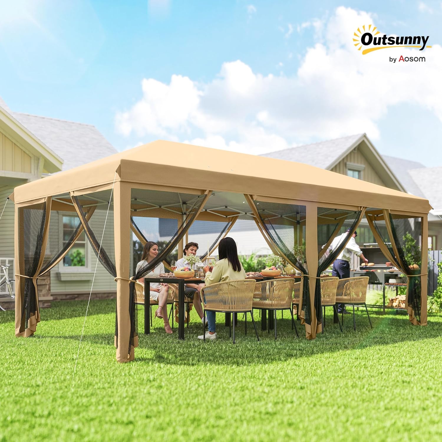 Outsunny 10' x 20' Pop Up Canopy Tent with Netting, Heavy Duty Instant Sun Shelter, Large Tents for Parties with Carry Bag for Outdoor, Garden, Patio, Beige