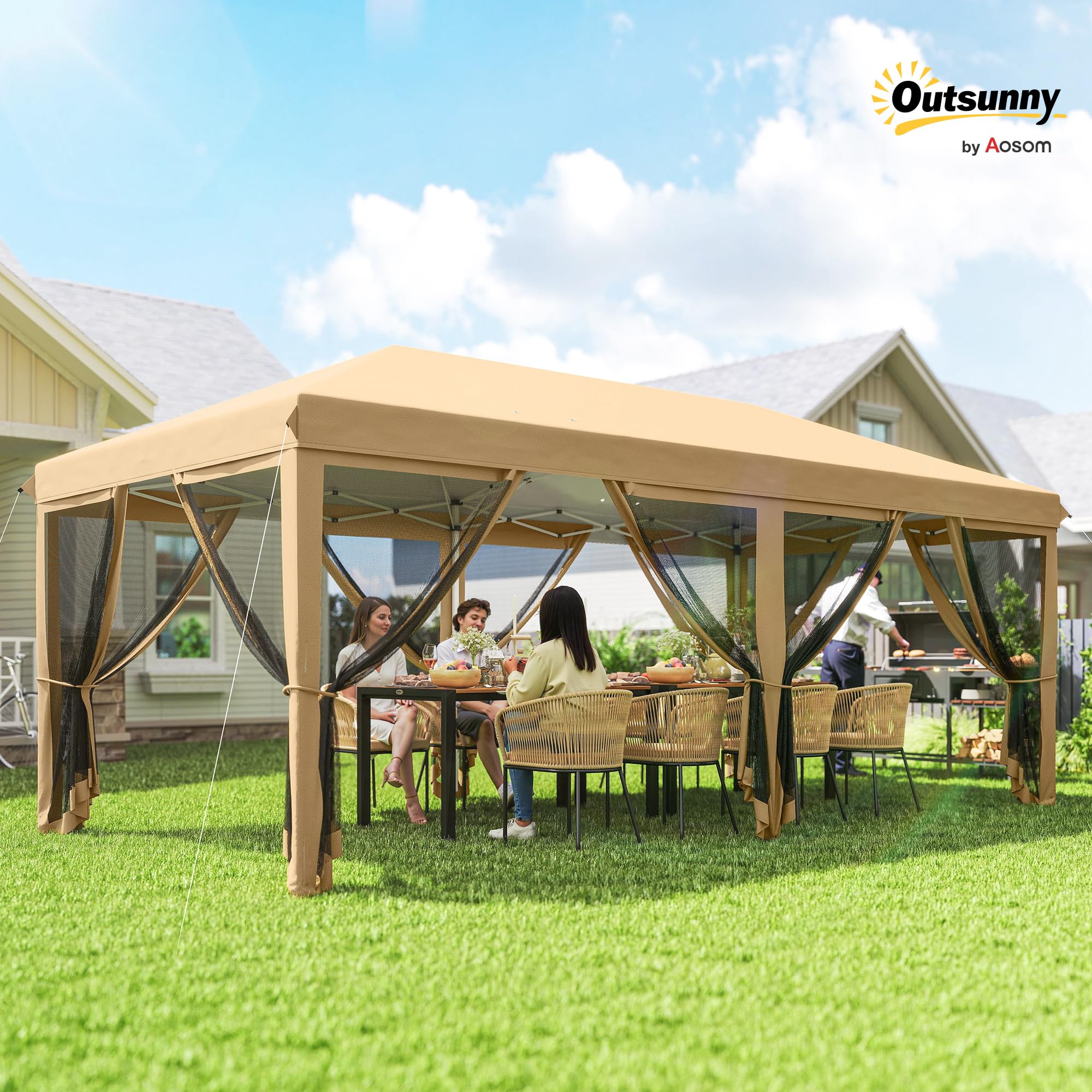 Outsunny Gazebo Pieghevole 6x3 Pop Up con Zanzariere, Acciaio, Tessuto Oxford, Beige